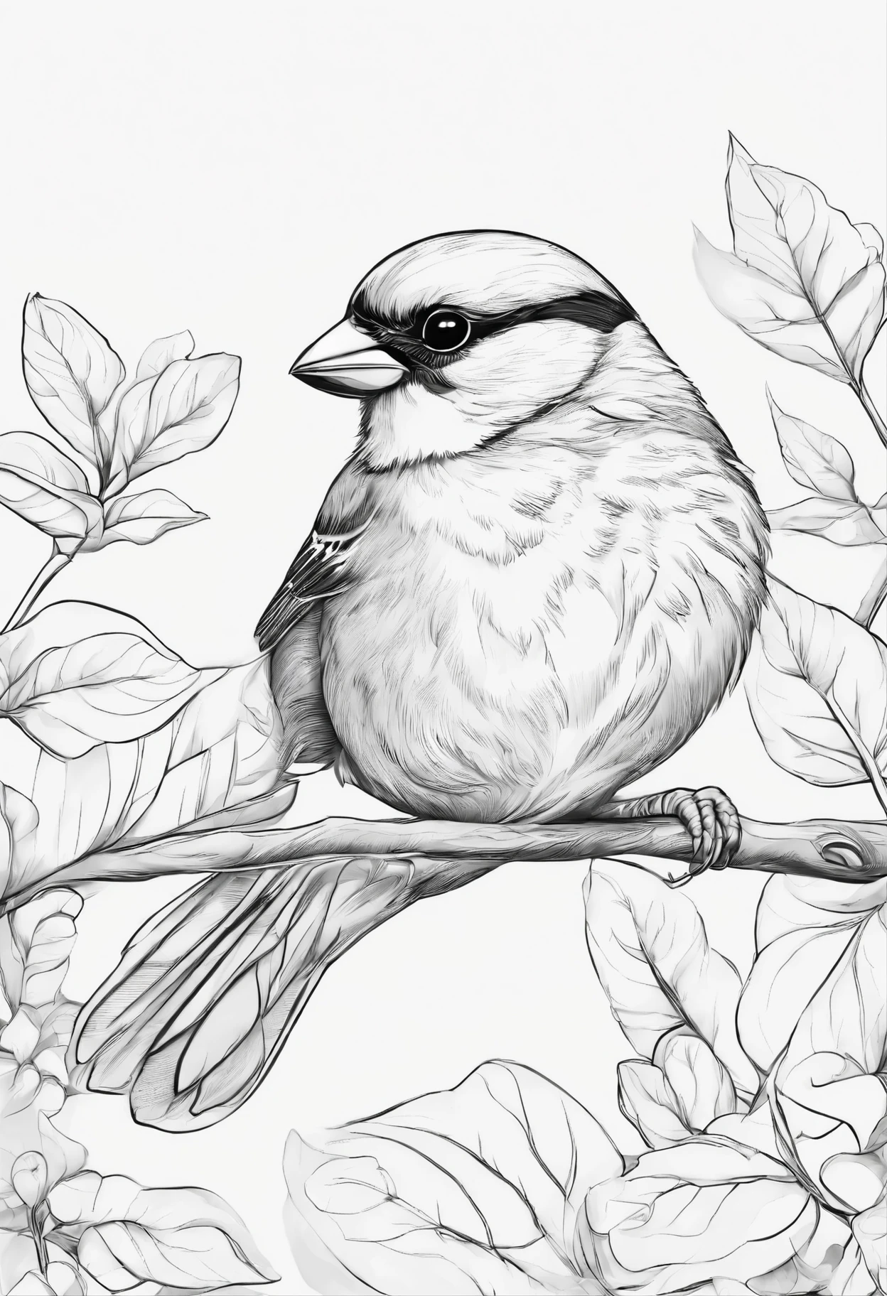 Generate black and white coloring pages of cute cartoon-style Sparrow no color with low detail, no shading, no shadows, no background, and no borders.
