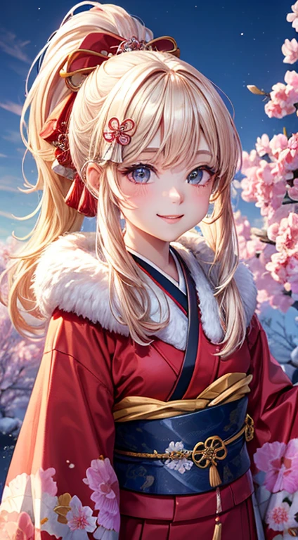 Very detailed CG Unity 8K wallpaper, Cute One Girl, Mature blonde girl, (high) ponytail、beautiful  Girl, hot maiden, pale skin (Super masterpiece, Beautiful person, well detailed face polluted smile,   flat chest is hidden by kimono、Photorealistic, hyper realisitic), Colorful winter kimono in red and pink colors 、has white fur、 Japanese Style Hair Accessories,  (Light Lighting)、smil,Upper body 、Japanese background with pink flowers