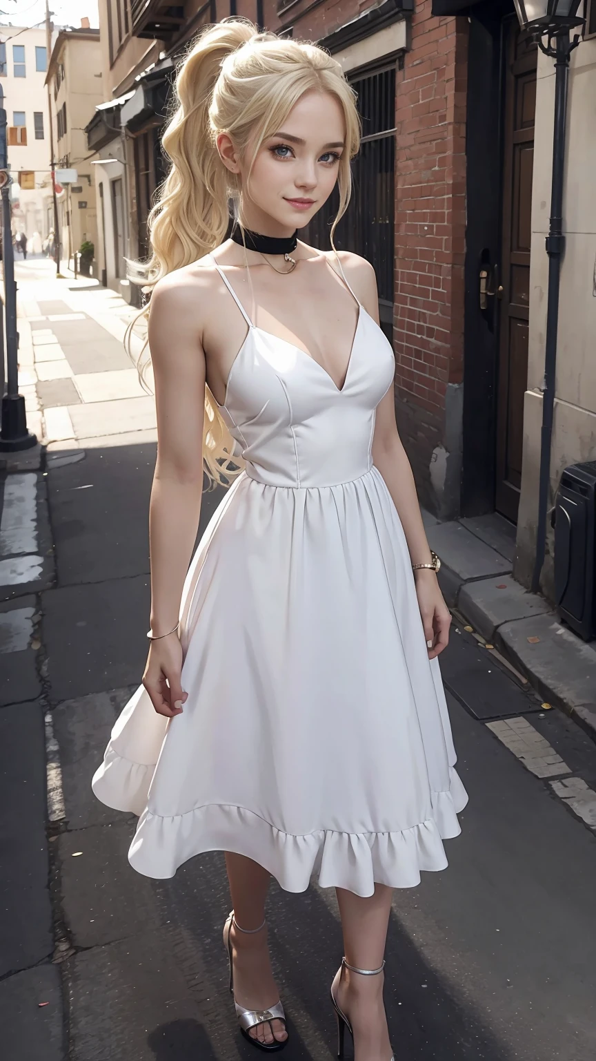 22 year old white female、hair color is blonde、eye color is blue、long hair、setting hair、Have a ponytail、accessories on wrist、I'm wearing a choker、skin is smooth、smile、Slender but muscular body、My heart is pounding、high resolution、Skin is shiny、Wearing a princess dress、wearing high heels、I'm in an alley in the old town、smile、I'm walking around holding onto a streetlight