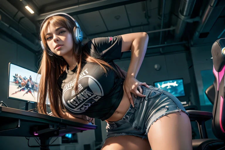 ((masterpiece)), ((high quality)), ((best quality)), a professional gamer, beautiful woman, perfect face, long straight hair, eyebrows, big breasts, T-shirt, shorts, thighs, perfect body anatomy , cowboy shot, headset, speakers, computer monitor, gaming chair, indoor, aerial view, facing viewer, (highly detailed), realistic, neon lighting, (intricate detail), hd, 16k