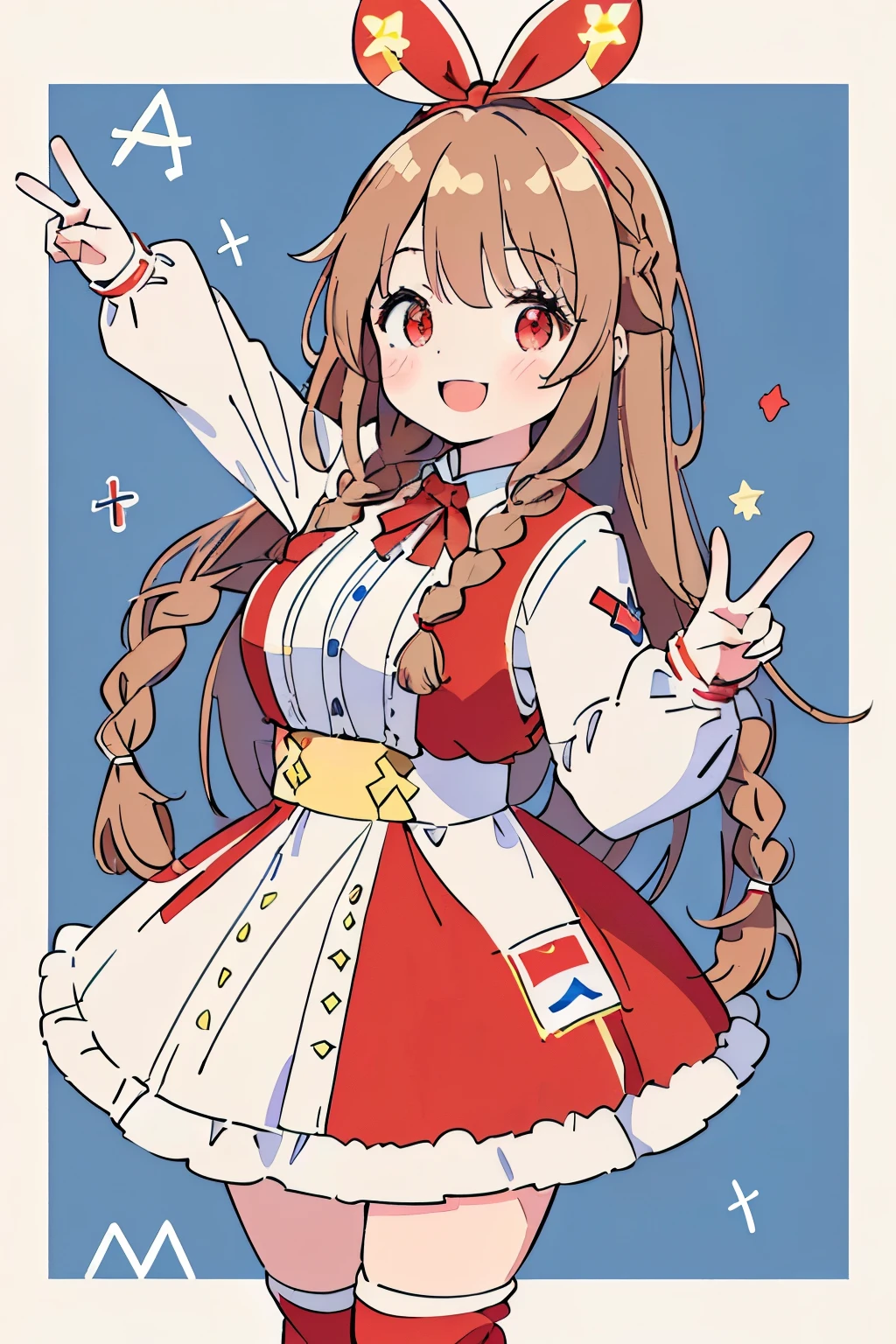 Little,cute,girl,(high quality:1.5),(High resolution:1.5),(light brown hair:1.2),(red eyes:1.2),(long braided hair:1.25),(fluffy and voluminous hair:1.25),(🇦🇷Costumes inspired by the national flag of:1.4),(POP and casual clothes:1.3),(big breasts),(Smiling and having fun:1.3),(peace sign with both hands:1.35),(🇦🇷background:1.35),(blush:1.1)