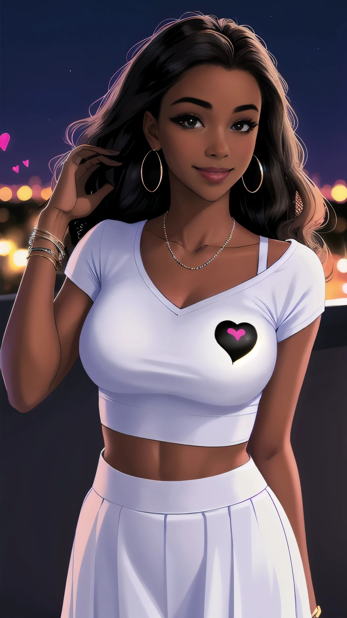 Dark skin ebony young woman in stylish blue top with a heart on it and long white bohemian skirt, clear brown eyes, perfect long curly black hair, sweet, heart hands pose, closed mouth smile, hyperrealistic illustration, nighttime cityscape view background, ✌🏾 