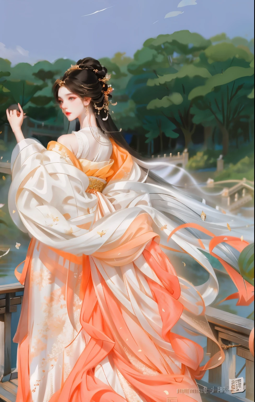 Alafid woman in colorful dress standing on bridge, Wearing a luxurious silk cloak, Silk flutters in the wind, hanfu, wearing chinese clothes, flowing magic robe, flowing robe, flowing dress, chinese princess, wearing a flowing dress, Chinese traditional clothing, palace , A girl wearing Hanfu, ethereal beauty, long beautiful flowing kimono, Orange ethereal