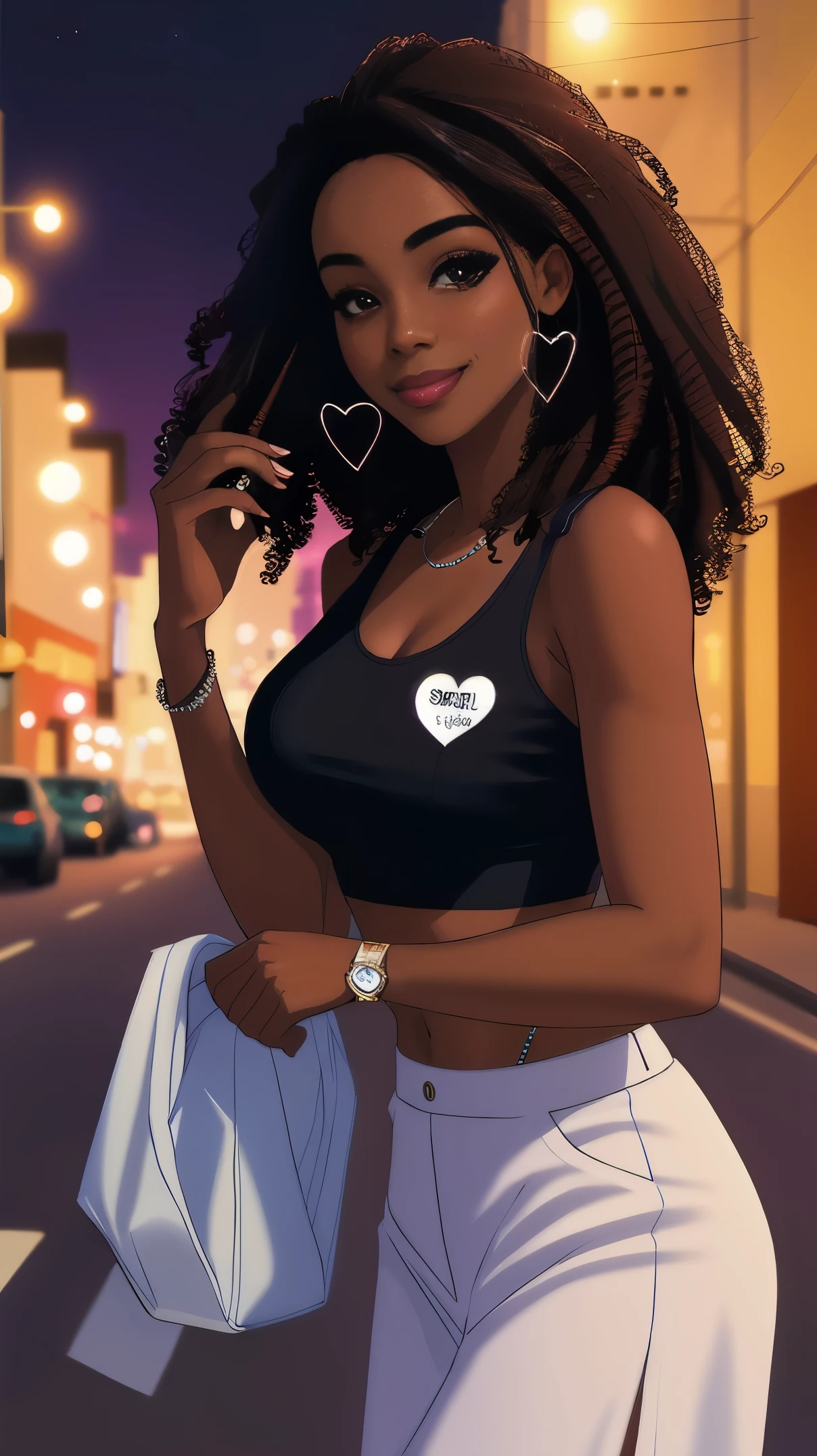 Dark skin ebony young woman in stylish blue top with a heart on it and long white bohemian skirt, clear brown eyes, perfect long curly black hair, sweet, heart hands pose, closed mouth smile, hyperrealistic illustration, nighttime cityscape view background, ✌🏾 