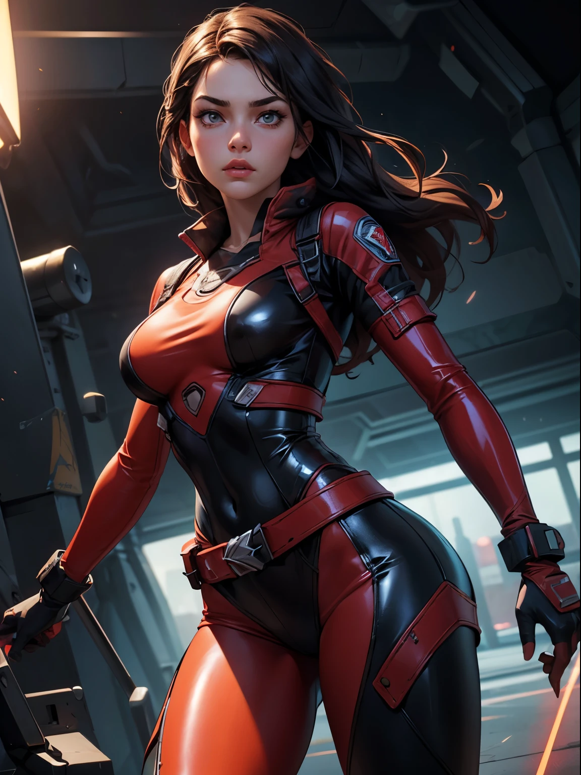 1girl,Future technology clothing，（Red latex tights：1.3），（Luminous array lights on clothes），Soft light，Mechanical belt，（high-tech weapon：1.3），Future technology hair bundle，Android，Super Soldier，dynamic poses，shooting，Holographic screen background，Super stunning graphics，super wide shot，best quality，masterpiece，8k，Unreal 5 rendering，High chiaroscuro，