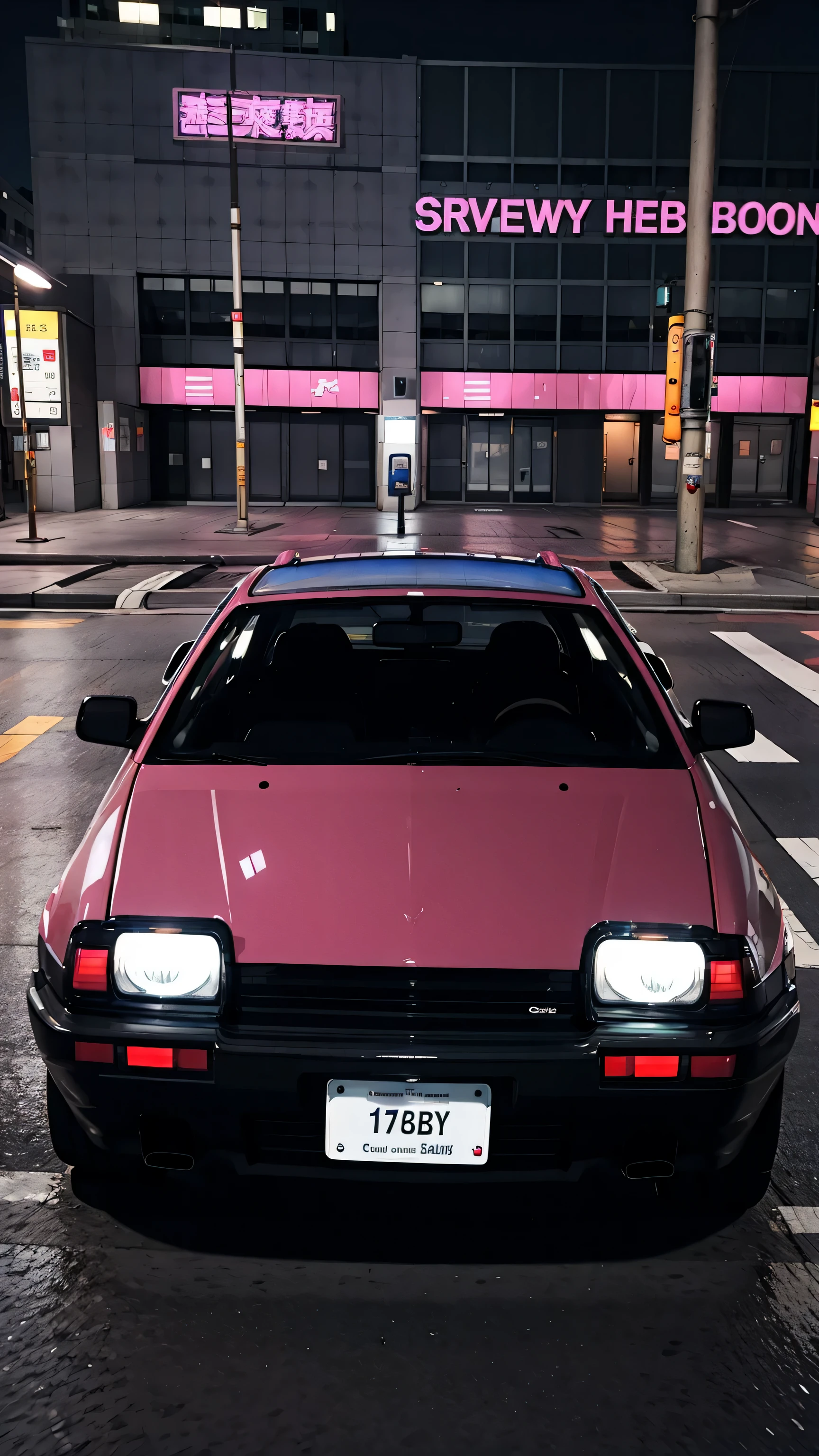 32K Ultra Hi-Vision、Photoreal、最high quality、RAW photo、high quality、Photo Contest Winners、Pulling photo、shot from drone、Rear view of Toyota AE86 Trueno、((Drive through the Pink Neon Streets))、(Colorful urban areas:1.2)、(Neon Street)、((Carbon bonnet specification:1.2))、(Rain-soaked road surface、Headlights reflecting on the road surface:1.2)、(beautiful night view、background blur:0.7)