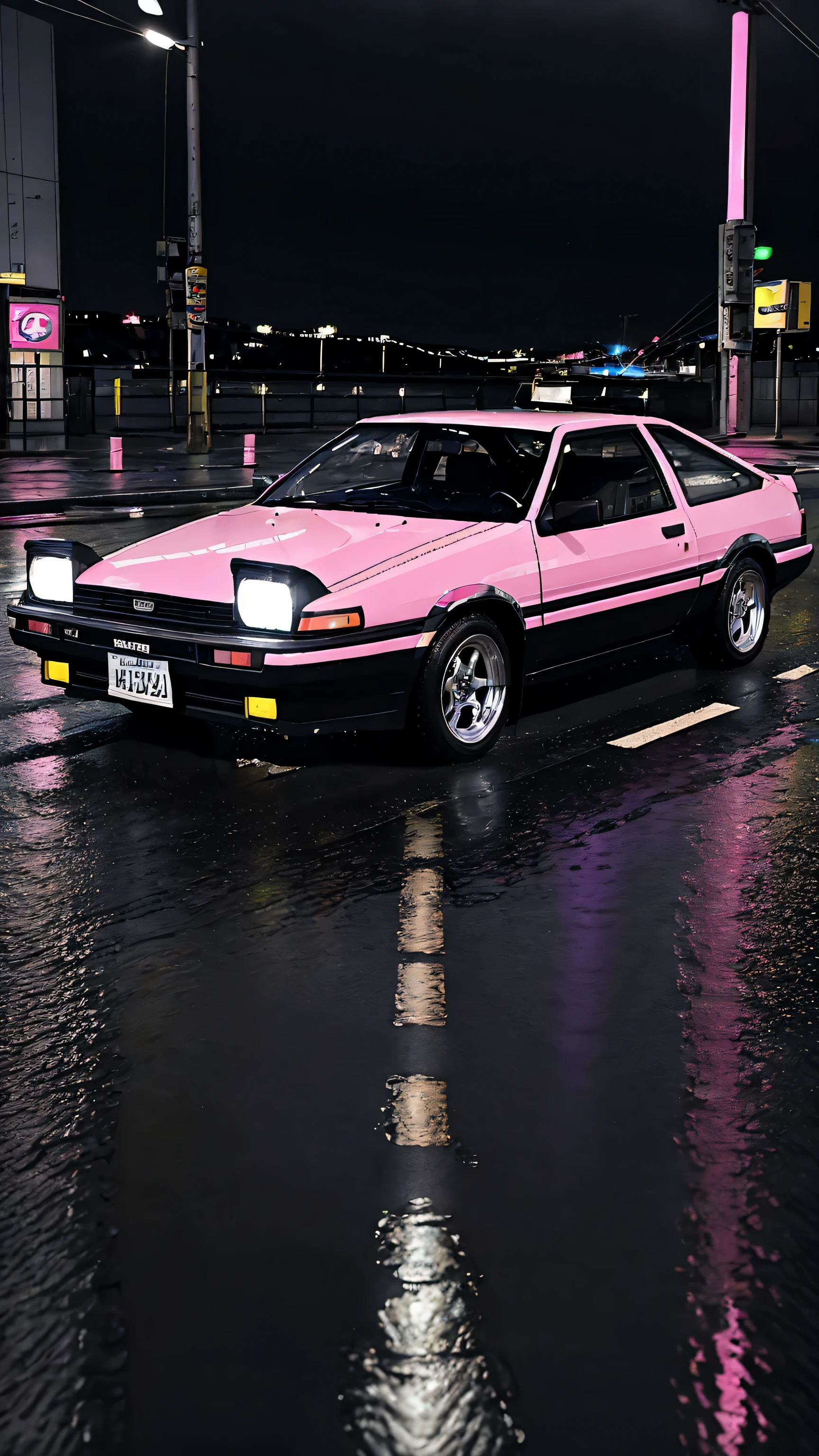 32K Ultra Hi-Vision、Photoreal、最high quality、RAW photo、high quality、Photo Contest Winners、Pulling photo、shot from drone、Rear view of Toyota AE86 Trueno、((Drive through the Pink Neon Streets))、(Colorful urban areas:1.2)、(Neon Street)、((Carbon bonnet specification:1.2))、(Rain-soaked road surface、Headlights reflecting on the road surface:1.2)、(beautiful night view、background blur:0.7)