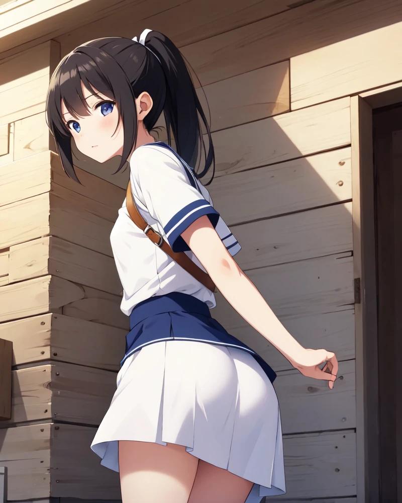 very beautiful Japanese woman, 18 years old, 1girl, black short hair, detailed, masterpiece, 8k, HDR, (white panty), lace lingerie panty, (wind lift), Japanese school uniform, black skirt, sailor color, visible on the back, cock your ass, looking back, (embarrassing panic face),