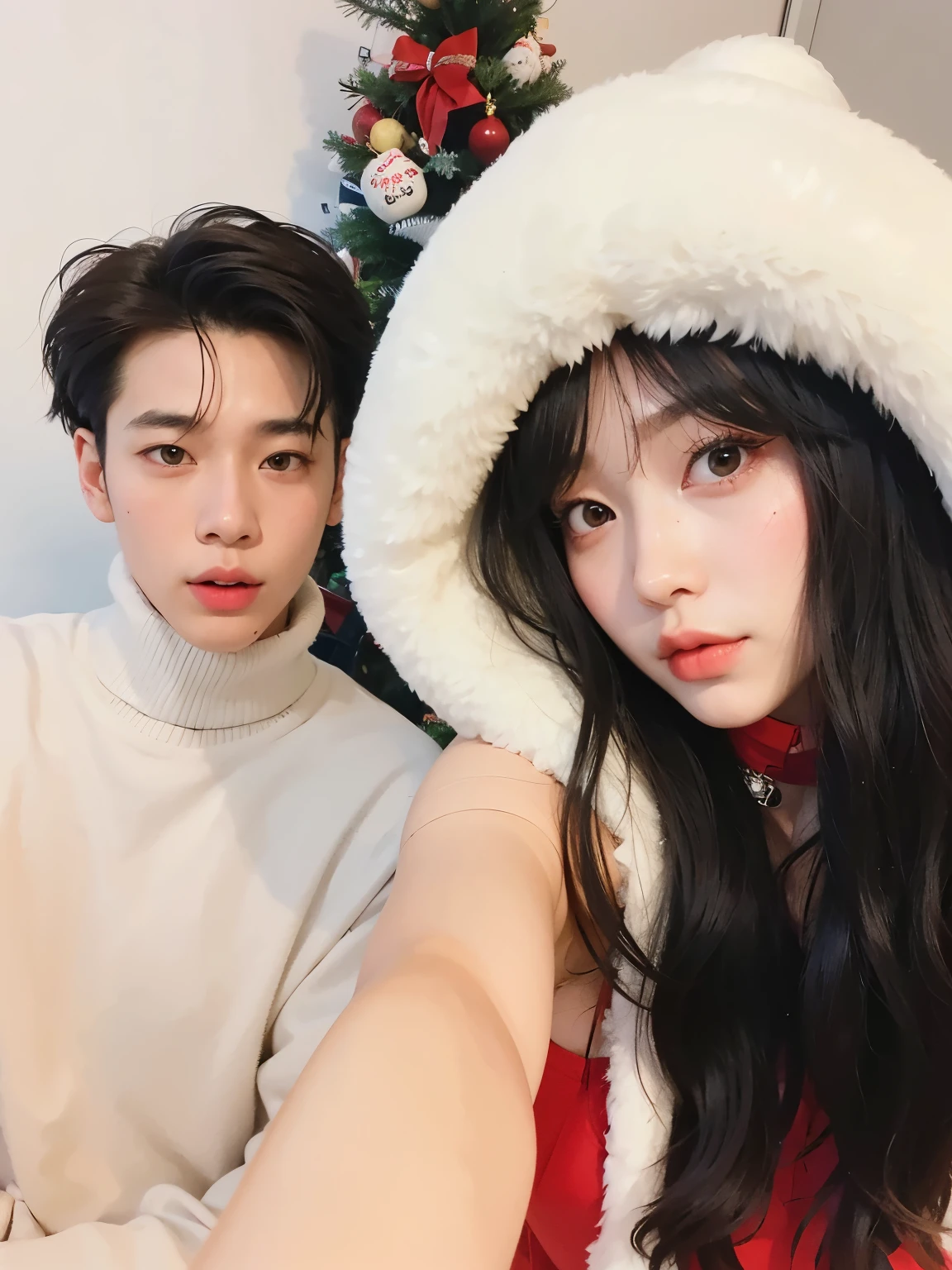 There are two people who are posing for a photo together., ulzzang, pintar ulzzang, cai xukun, kim doyoung, pareja adorable, sakimichan, Jinyoung Shin, 8k selfie photography, yanjun chengt, 8k)), sha xi, pale korean adorable face, ruan lindo vtuber