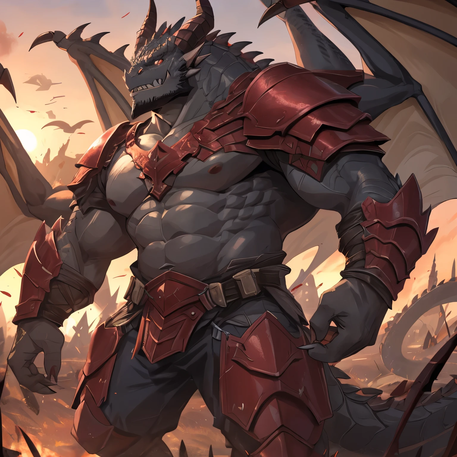 Dragon Orc，male，Strong build。The silver-gray skin is covered with hard, thick scales，There is a pair of blood red wings on the back。long, sharp teeth、Dragon horns and claws。standing on a battlefield，Wearing red armor