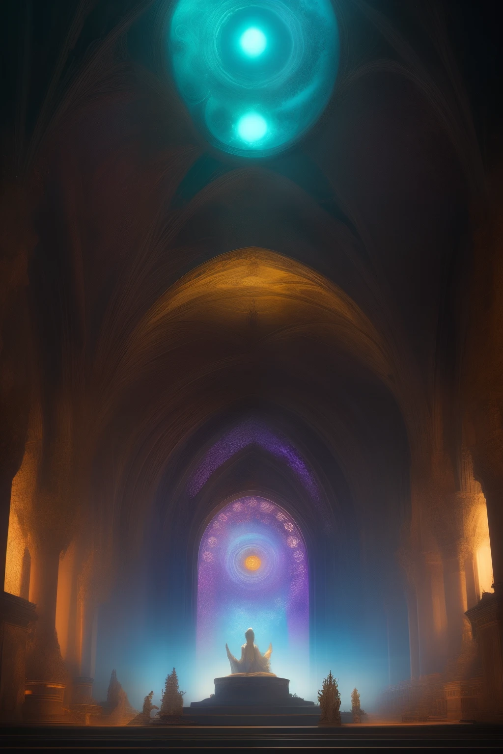 In this enchanting scene, shadows dance softly upon the earth as spiritual beings, clad in ethereal robes, sit in deep meditation among celestial alter and statues of higher dimensional celestial beings. Their faces, illuminated with a soft glow, reveal an air of wisdom and advanced knowledge gathered through cosmic vibrations.
Fantasy art comes alive as these celestial beings exude a magical and cosmic energy, their vivid, colorful, and hyperdetailed forms radiating with a divine and stoic presence. The atmosphere is set with vibrant, cosmic symbols and celestial scripts, adding to the sense of otherworldly wonder and harmony.
As the camera