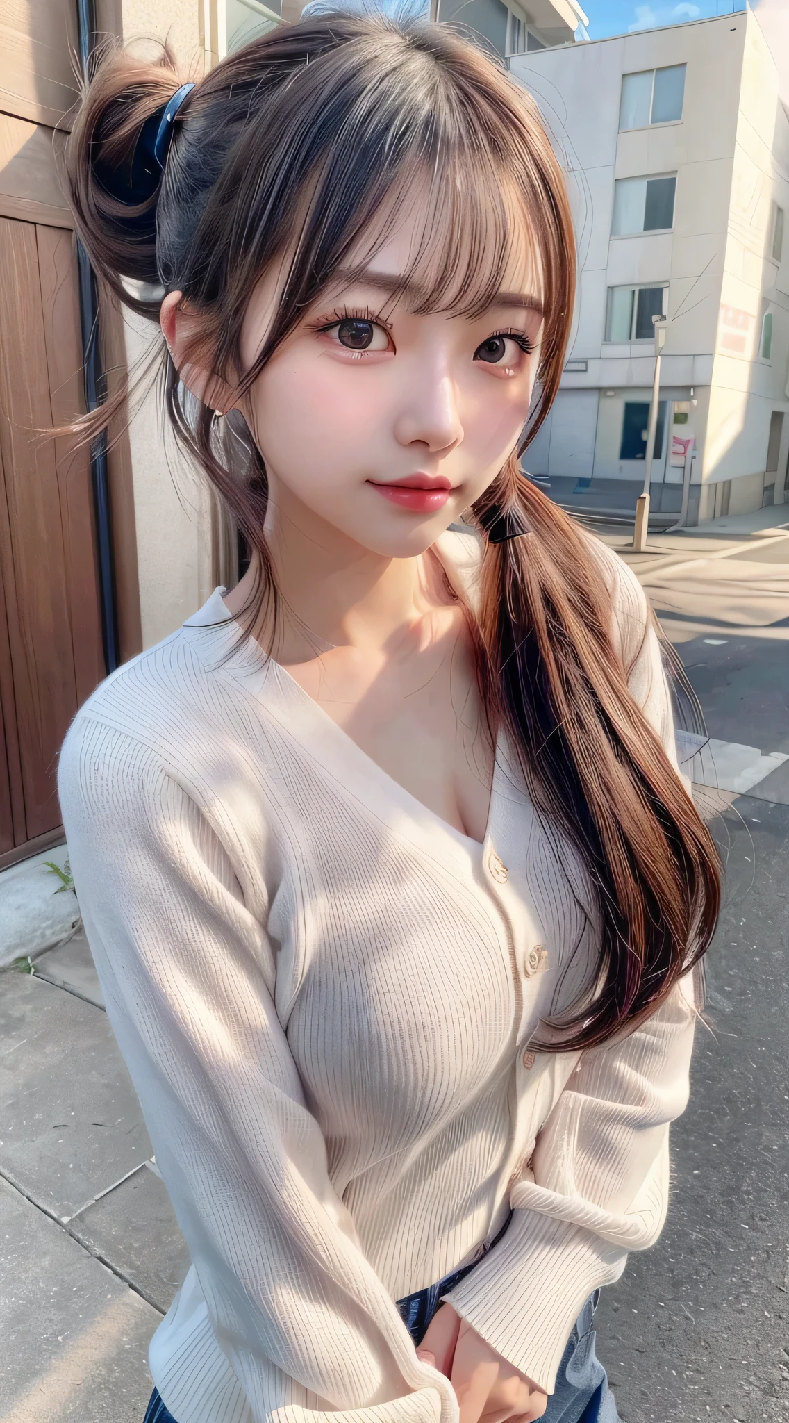masterpiece, Best Quality, Illustration, Ultra-detailed, finely detail, hight resolution, 8K Wallpaper, Perfect dynamic composition, Beautiful detailed eyes, Tight Mini,Medium Hair,,Natural Color Lip, Randomly sexy poses,Harajuku、20 years girl、Cute、Sexy shot looking at camera,Cute long-sleeved dress,Slender face,Slender body,Background blur