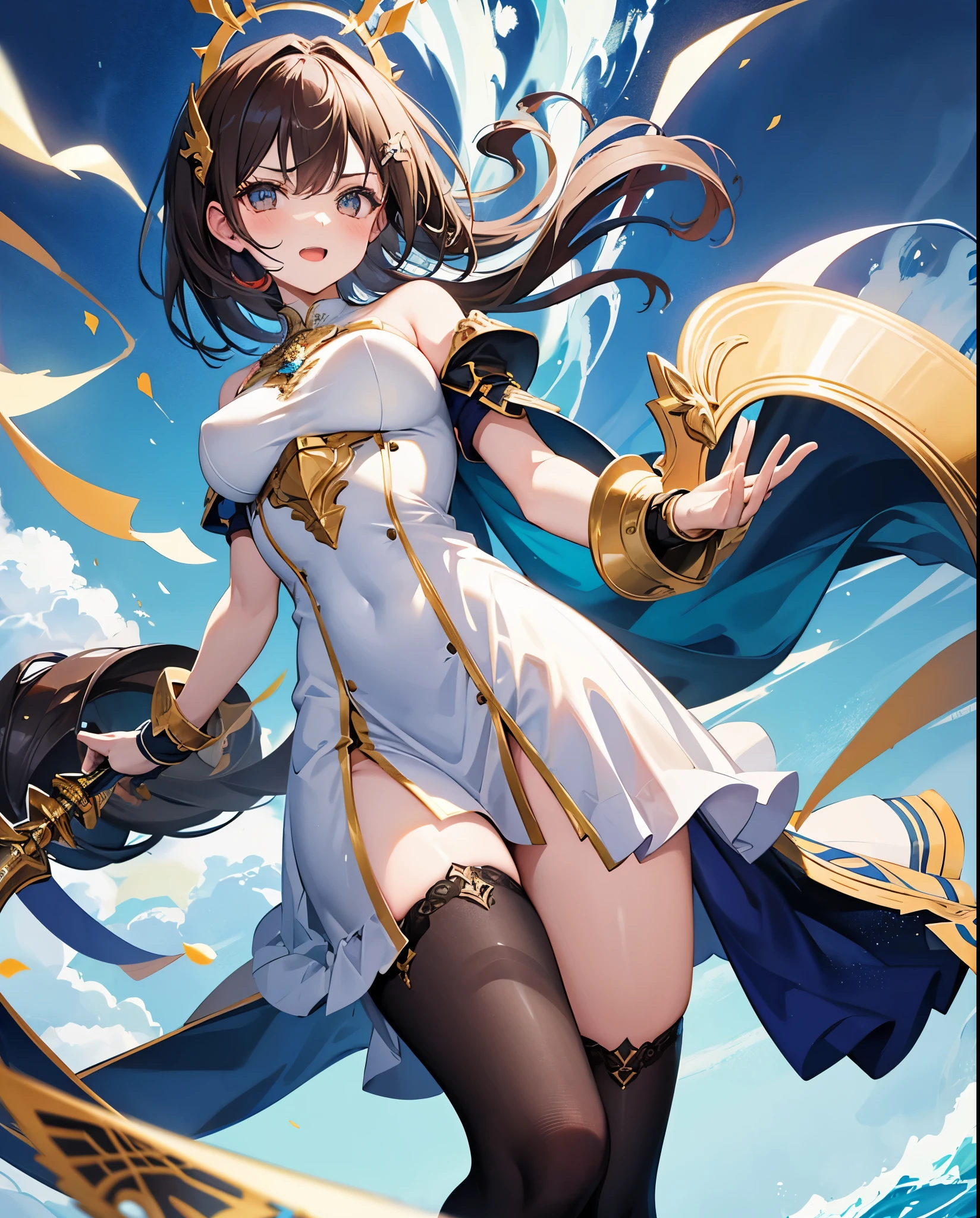 fantasy, 1angel_girl, loli,bwn_hair, medium_bob_hair, long_bangs, halo,bare_shoulder,thighhighs,silver_armor, waist_armor, large_breasts,angry,grinning,open_mouth_teeth, 1pair_wings, dynamic_pose_fighting,floating, bare_crotch, headgear,gauntlet, greaves,ocean_sky_background,slightly_spread_legs, solo, groin_naked,