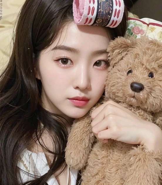 Close-up of a woman lying on a bed with a purple-eyed teddy bear, korean girl, beautiful south korean woman, gorgeous young korean woman, beautiful young korean woman, korean woman, beautiful Asian girl, jaeyeon nam, young and adorable korean face, Young cute pale asian face, jinyoung shin, Asian girl, heonhwa choe, pale korean adorable face