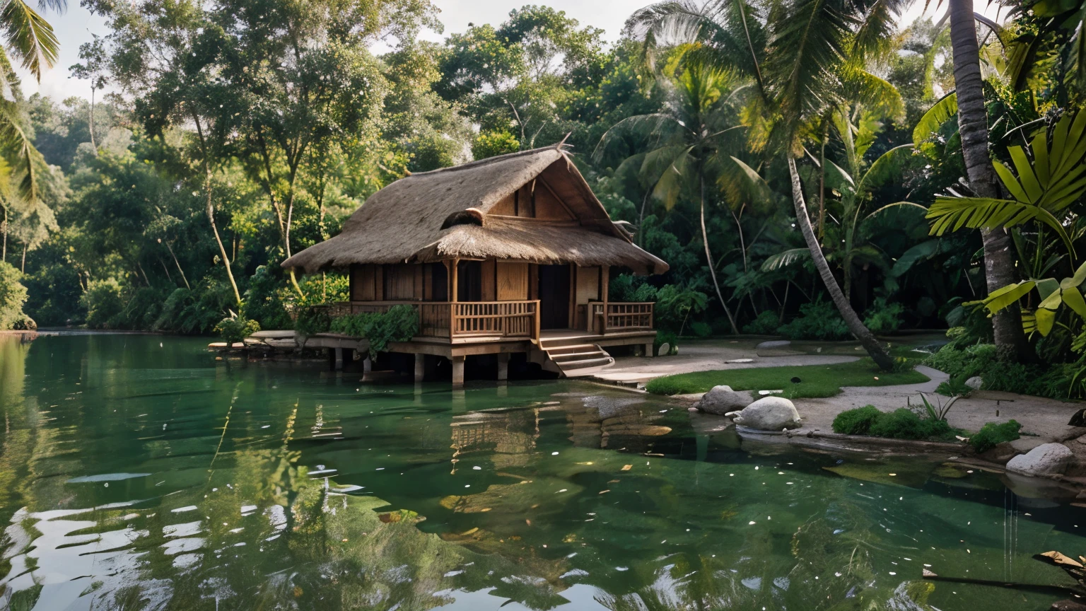 "Create an ultra-realistic image of a small hut crafted from coconut leaves, nestled beside a peaceful lake in the heart of an Indian village jungle. Showcase meticulous details of the hut's construction, surrounded by a pathway formed with large stones leading to the water, ensuring a true-to-life representation of this serene rural scene."