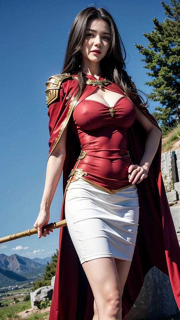 Young woman, Beautiful face, (แต่งBeautiful face, red lips), (black hair, long hair, long hairมาก), (Huge breasts, big breast, Breast augmentation), (small waist, thin body), (majestic, Charming Succubus), (Short white dress, tight fitting, gold pattern), (Red coat, Cloak of Float), (Walking posture), (sky backdrop, cliff, meadow,Dungeon), hand, (holding a long staff, Wizard, Sorcerer)