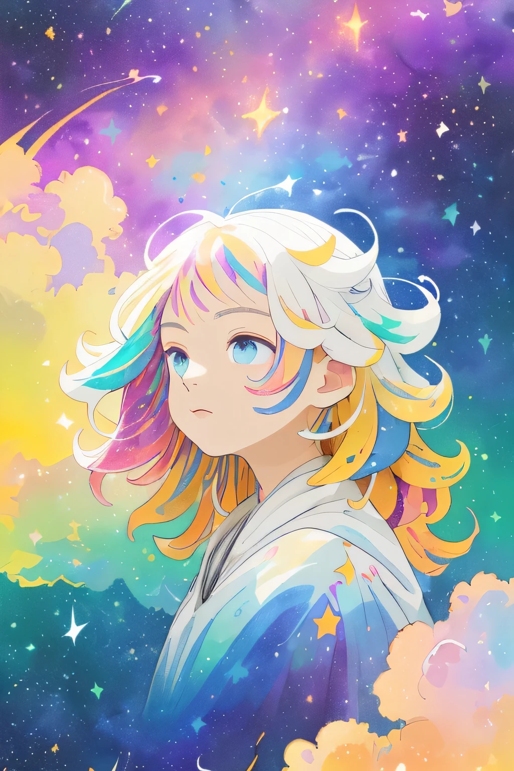 ((obra de arte)), (((melhor qualidade))), ((ultra-detalhado)), ((illustration)),[realismo efeito de luz],sombra,(estilo fantasia),(fundo branco:1.6), fundo simples, (Tema Terra),(um manto)[(foco no cabelo,((1 garota)),[(cabelo grande slime): (cabelo nublado):0.3], (cabelo no fundo),(high saturated),(hair surrounded by Galaxy splashes),)):((her hair is becoming Galaxy clouds,:1.27628), (hair and clothes is Galaxy clouds and cluster de estrelas:1.1025),(um manto is becoming Galaxy clouds)(colorida_Galaxy_imprimir_Clusters_de_estrelas_imprimir:1.35),((detailed starry sky with colorida Galaxy and Galaxy clouds):1.2)):0.35], (((obra de arte))),(((melhor qualidade))),((ultra-detalhado)),(illustration),(dynamic angle),((flutuando)),(pintar),((cabelo desgrenhado)),((lindo rosto detalhado)),colarinho,Ombros nus, ((colorida hair)),((cabelo com mechas)),lindos olhos detalhados,(gradient color eyes),(((colorida eyes))),(((colorida background))),(((high saturated))),(((surrounded by colorida splashes))),(((surrounded by colorida dot))),colorida bubble,((brilhando)),