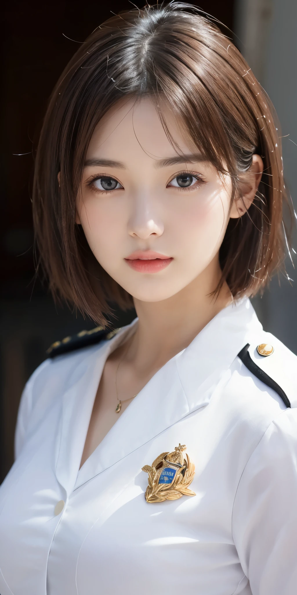 masterpiece、highest quality、High resolution、table top、wallpaper、realistic、bright lighting、professional lighting、face light、smooth lighting、japanese woman、adult woman、Beautiful woman、actress、modeled、gravure、sexy、super beautiful、beautiful skin、beautiful and detailed eyes、detailed face、slim、Medium large breasts、medium to large breasts、short hair、brunette colored hair、brown eyes、look at the camera、Female police officer Fuku Seo、police uniform、Sheriff's Uniform、