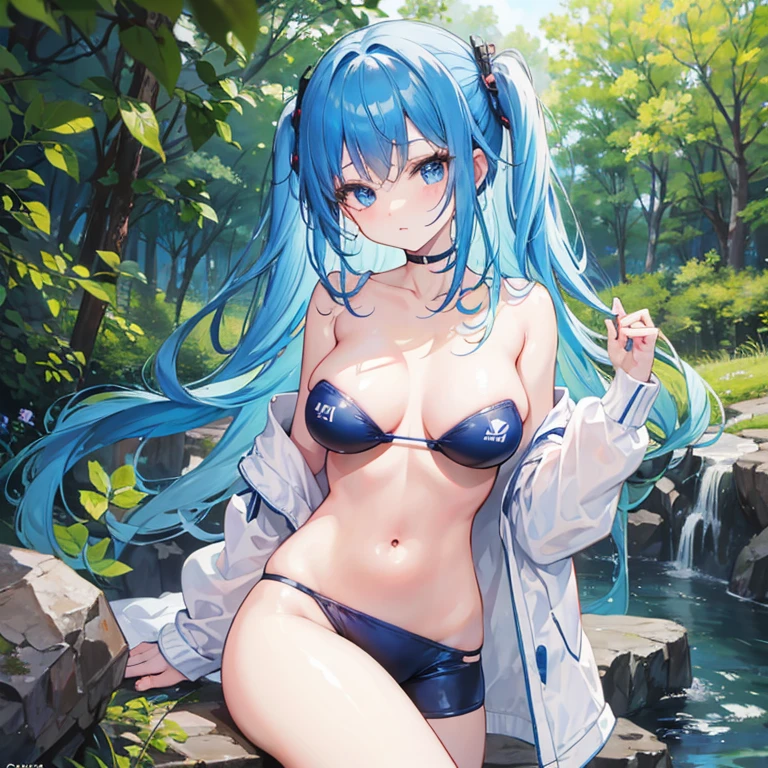 robin_\(honkai_starrail\), hiten kei style, claude monet, oil painting, masterpiece, hyper realistic, realistic skin, best quality, 1girl, lakeside, medium breasts, huge nipples, erect nipples, topless, full body, vector illustration, nipples, light smile, bangs, long hair, stomach, navel, bare shoulders, blue hair, wet, soaked, raining, sarong, loincloth, black pantyhose, red tassel, magnolia leaves, autumn, sky, hands up, arched back, stretching, open mouth, bored, waterfalls, cliffs, falling leaves, resting, village on background, wet body, pouring rain, washing her body, taking bath, arched back, luhua pool, white flowers, rice paddies