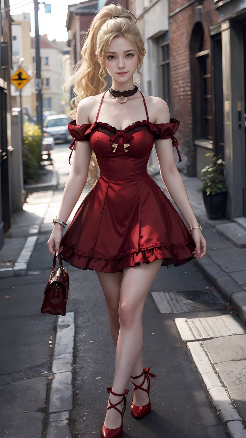 22 year old white female、hair color is blonde、eye color is blue、long hair、setting hair、Have a ponytail、accessories on wrist、I&#39;m wearing a choker、skin is smooth、smile、Slender but muscular body、My heart is pounding、high resolution、Skin is shiny、Wearing a princess dress、wearing high heels、I&#39;m in an alley in the old town、smile、I&#39;m walking around holding onto a streetlight
