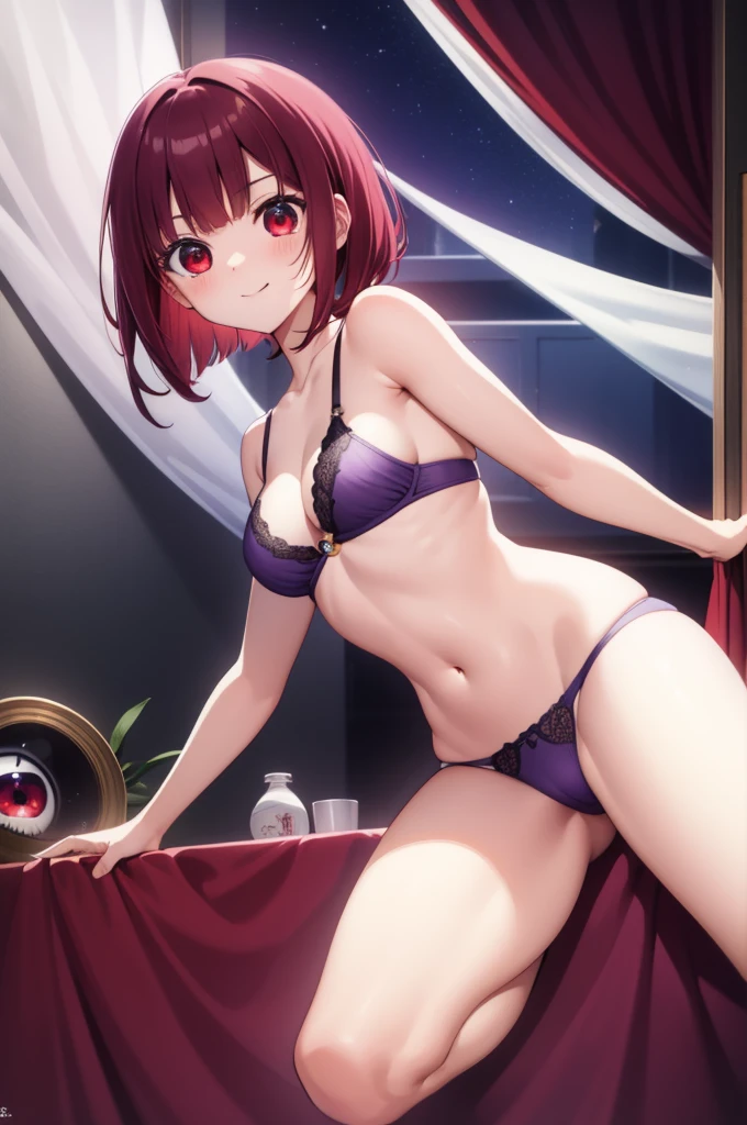 There is Makanai、There is Makanai、bob cut、(red eye:1.5)、redhead、short hair、BREAK bedroom、BREAK while looking at the audience seats、Muscle growth、wrapping、sexy pose、bewitching legs、solo、purple lace moon bra、Purple ruffled panties、garter belt、Asahi、white light shines、window、BREAK(master piece:1.2)、Highest image quality、High resolution compatible、Unity 8k wallpaper、(An illustration:0.8)、(Contact lenses:1.6)、high definition face、perfect lighting、High-definition CG、(perfect hands、perfect anatomy)、blush、smile