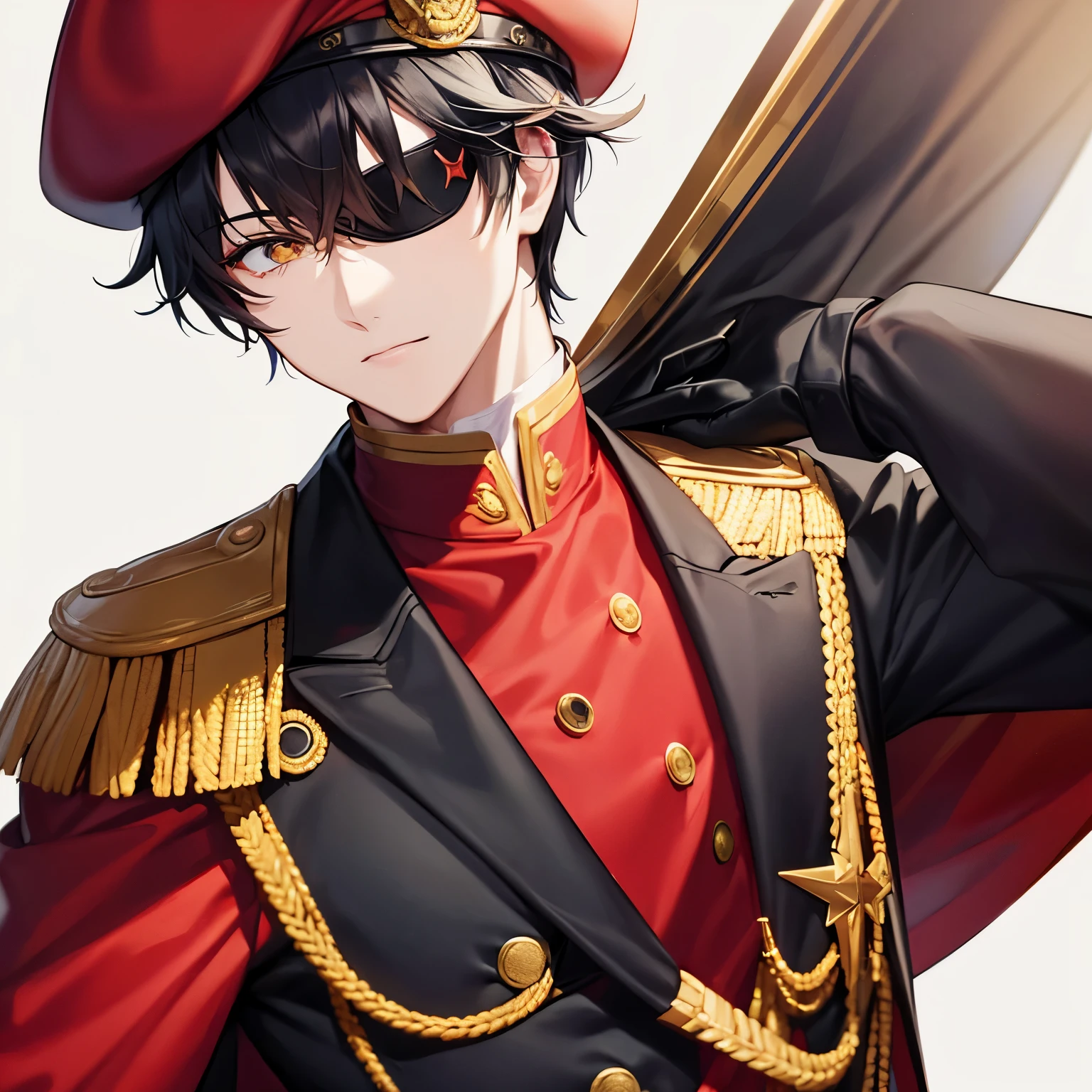 Yellow skin tone, Eye patch, Red beret, Black red commander outfit , Looking at camera shot, Handsome, Masterpiece, Black hair, Red cape, Tie, Solo