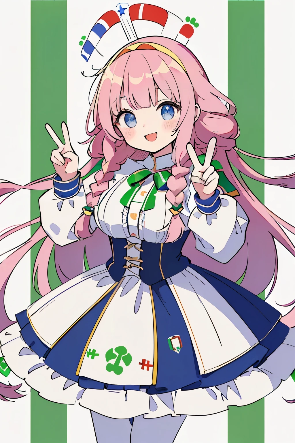 Little,cute,girl,(high quality:1.5),(High resolution:1.5),(long braided hair:1.25),(fluffy and voluminous hair:1.25),(🇮🇹Costumes inspired by the national flag of:1.4),(POP and casual clothes:1.3),(big breasts),(Smiling and having fun:1.3),(peace sign with both hands:1.35),(🇮🇹background:1.35),(blush:1.1)