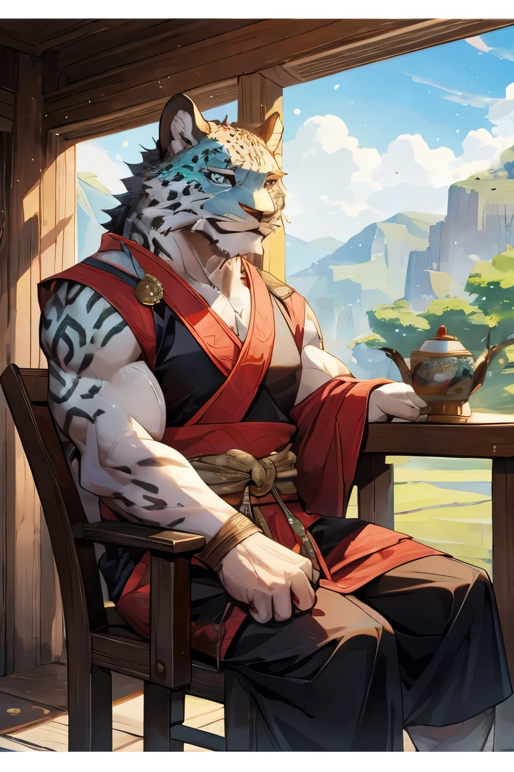 The orc male snow leopard has snow-white fur with a few black markings. The general is sitting leisurely drinking tea on a wooden chair. Tang Dynasty costume, sleeveless blouse, ears shorter, legs crossed.
