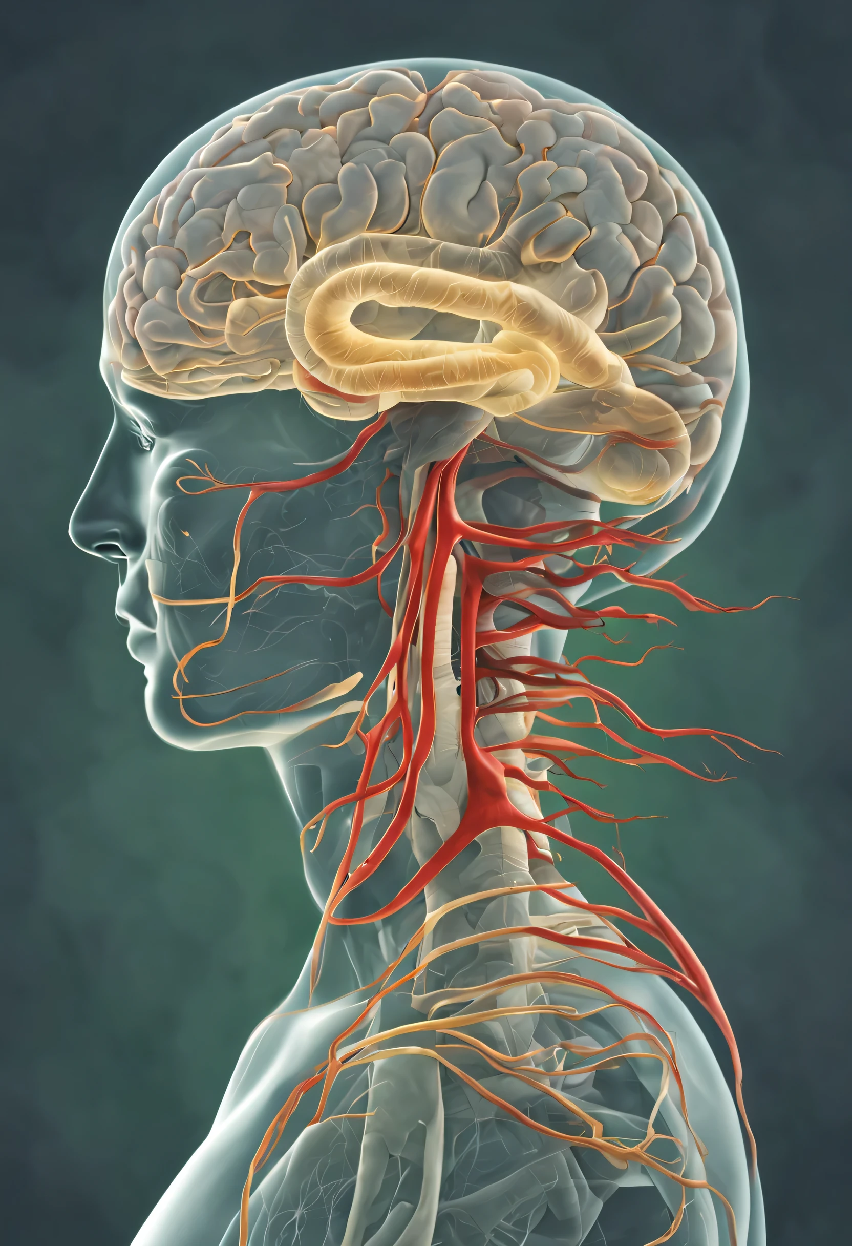Connection between the brain and large intestine、CT image、nerve transmission、gray background、background bokeh、High resolution、８K、High resolution、woman、realistic photo images、medical textbook、radiological image、mri portrait、Structure of dopamine、course、monochromatic、green、green、illumination。Blood vessel、neurons、suppress、Neural circuits、medical illustrated book、Medical student subjects、permeance、cg、Technical Illustration