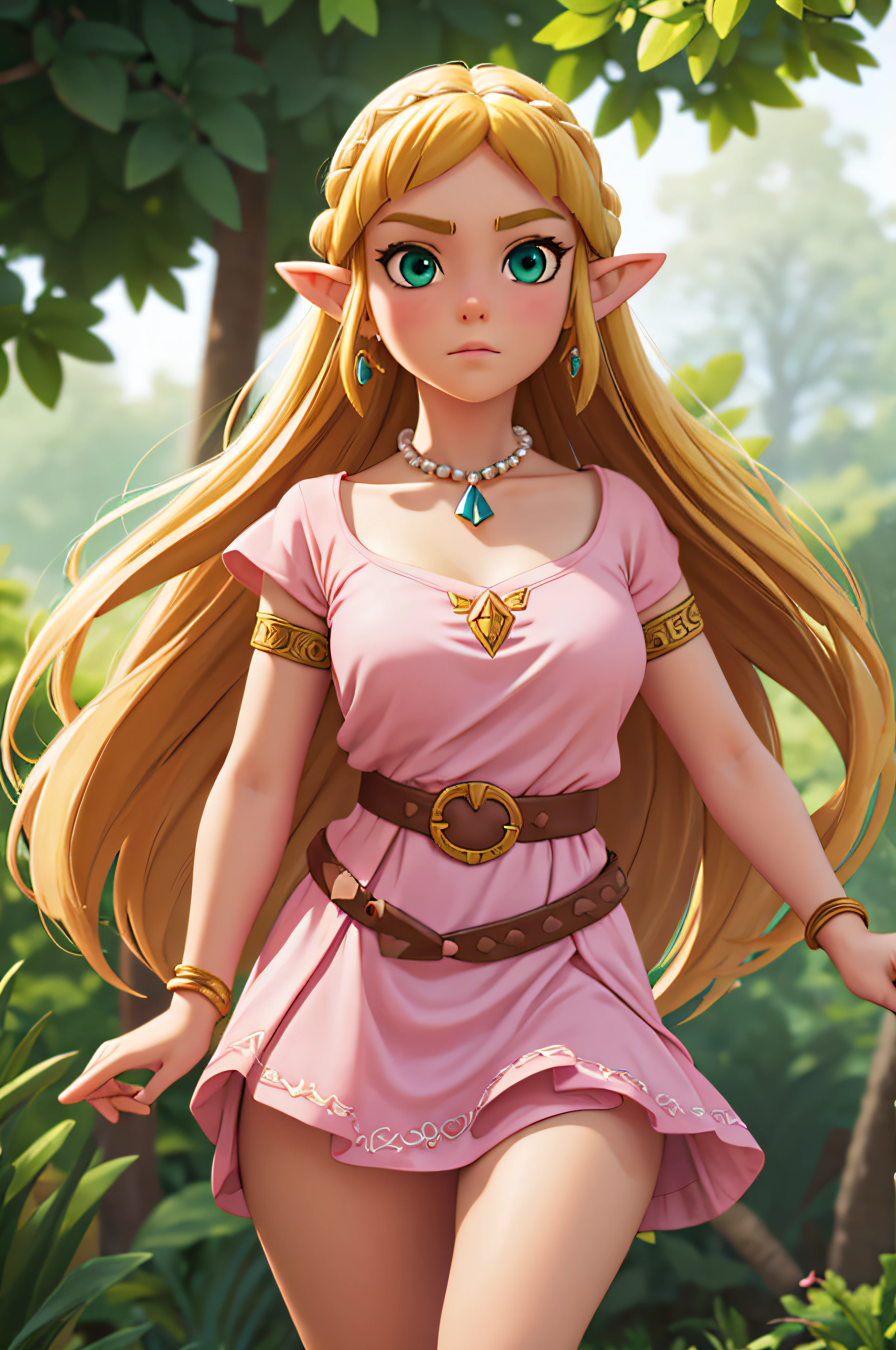 Princess Zelda, princess zelda, blonde hair, (green eyes:1.5), pointed ears, long hair, Parted bangs,
BREAK bead Necklace, That's it, belt, bracket, e.g, hoop, clavicle, dress, earrings, Jewelry, Necklace, Triforce, Triforce earrings, V-shaped eyebrows, white e.g, (pink dress:1.5),
BREAK looking at viewer, whole body,
BREAK outdoors,
BREAK (masterpiece:1.2), Best quality, a high resolution, Unity 8k Wallpaper, (illustration:0.8), (beautiful detailed eyes:1.6), very detailed face, perfect lighting, Extremely detailed computer graphics, (perfect hands, perfect anatomy),