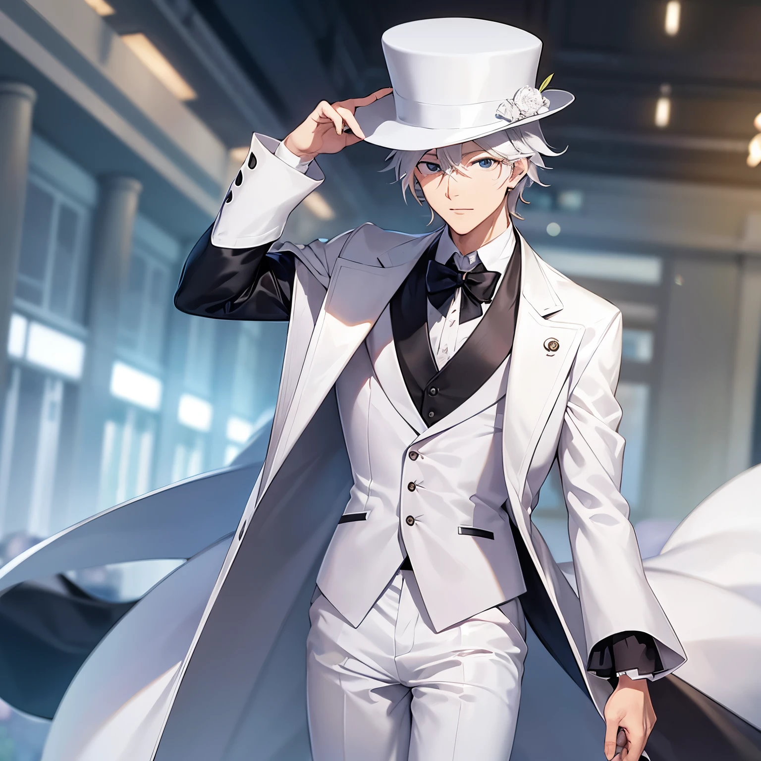 masterpiece, anime, best quality, white tophat, full white suit, white bag, handsome, man, white hair, looking, at camera shot