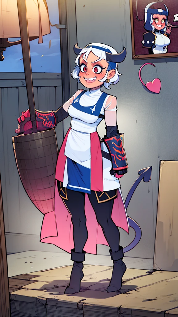 nun, demon girl, walking, bimbo, warpriesstes, silver hair, short hair, sacred gauntlets, long ski, cute smile, pure smile, love smile,,veillong skirt, pantyhose