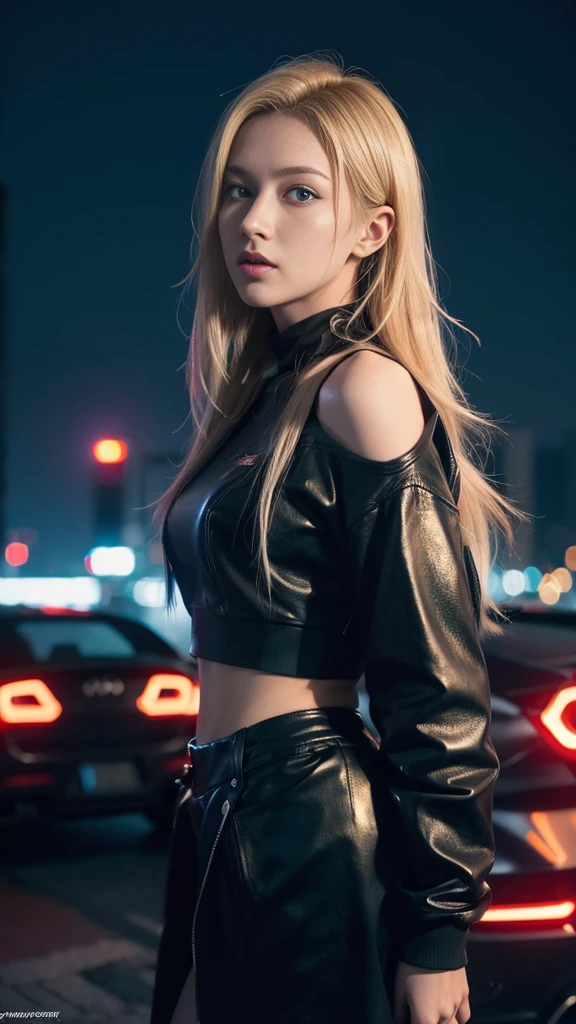 1girl,aluring,blonde,blue eyes,long hair,black clothing,sweater crop,poses front of the car,in the cyberpunk city,(best quality,4k,8k,highres,masterpiece:1.2),ultra-detailed,(realistic,photorealistic,photo-realistic:1.37),HDR,UHD,studio lighting,ultra-fine painting,sharp focus,physically-based rendering,extreme detail description,professional,vivid colors,bokeh,photo model,portraits,cyberpunk,nighttime,neon lights