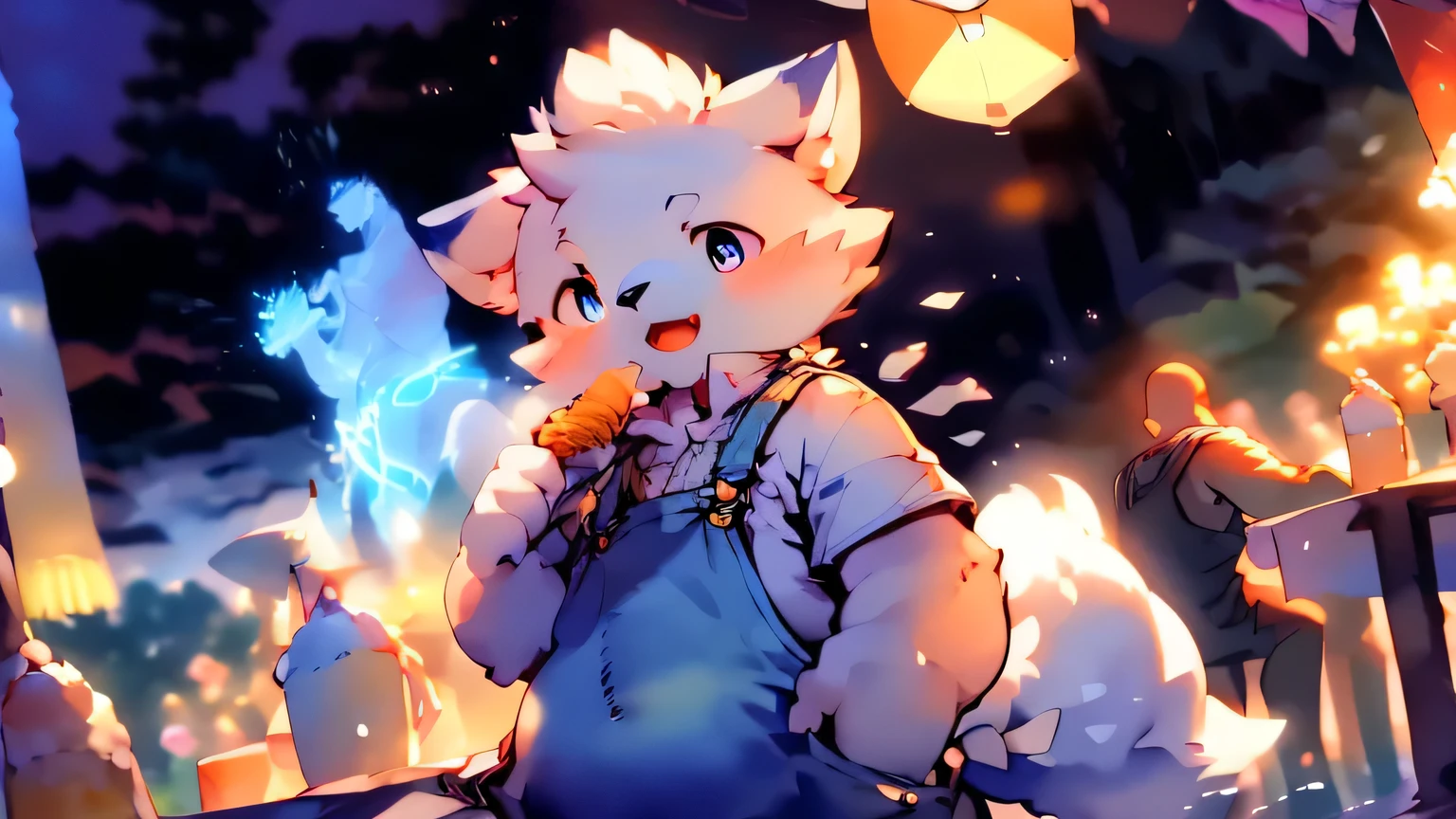 top quality, best quality, High quality illustrations, masterpiece, ultra high resolution, Detailed background, Detailed background,in restaurant,(1 Beast Boy),,alone,permanent,watercolor medium ,role conception, fox,white fur, looking ashen,Detail khaki eye,Off-white body,off-white hands臂,off-white hands,4 white fingers,off white legs,feet white,4 toes are grayish white, 2条大灰白色fox尾巴,fat,Height 100 cm,White T-shirt,Light blue overalls ,fat,Get the dinner plate,ridiculous(Very detailed beautiful face and eyes)perfect anatomy, Express, good lighting, movie shadows(Kanno, furry human),