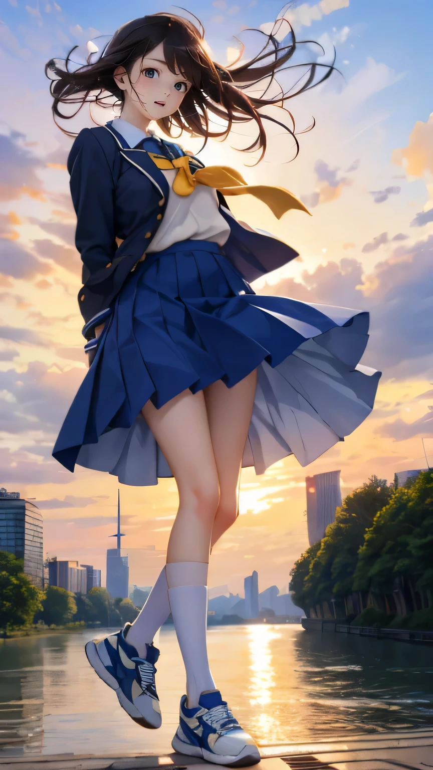 energy and freshness, drooping eyes, realistic skin, swollen areolas, sneakers, shame, river-side, trees, skyscrapers, sunset sky, wind, school uniform,