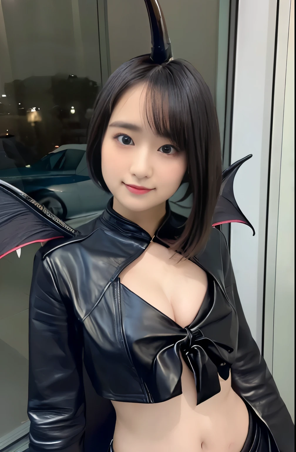 (masterpiece,top-quality,超A high resolution),A Japanese Lady, (((extremely beautyful girl))), Kawaii Girl、View photographer、Front view, ((Bob Hair)), hyper cute face, ((glass)), Glossy lips, Double eyelids in both eyes, Natural makeup, long eyelashes, shiny and smooth hair, central image, Perfect limbs, Perfect Anatomy,(((Black leather sailor suit、Black Leather Pleated Skirt、Navel))),(((Black Leather Knee High Boots))), (((A very cute 30-year-old succubus)))、(((long)))、(((On the head4Devil's horn in the book)))、(((Black giant dragon wings))、(((nightcity))), Halloween, fancy dress, Shibuya, very big breast, nsfw,