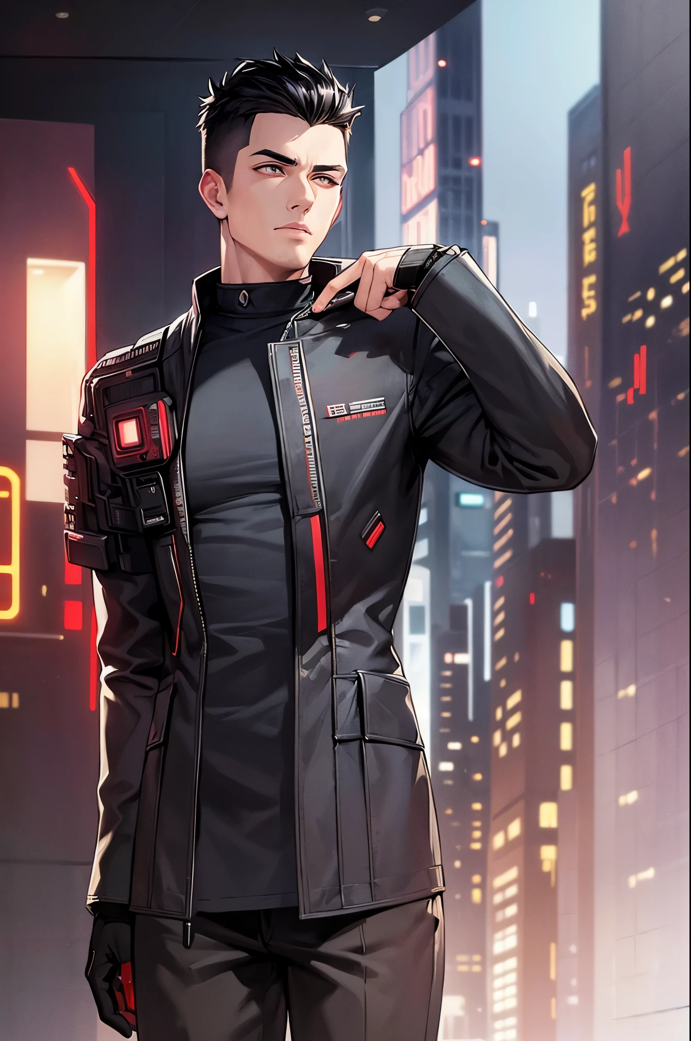 masterpiece, best quality, man, solo, strong body, black hair, low fade haircut, cyborg body, military unbuttoned black coat with red inserts, cyberpunk style, cyberpunk, dystopia atmosphere, cyberpunk city background