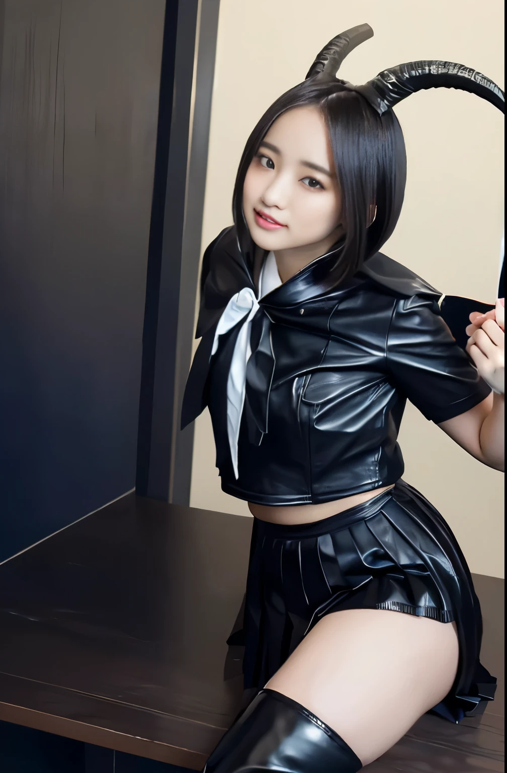 (masterpiece,top-quality,超A high resolution),A Japanese Lady, (((extremely beautyful girl))), Kawaii Girl、View photographer、Front view, ((Bob Hair)), hyper cute face, ((glass)), Glossy lips, Double eyelids in both eyes, Natural makeup, long eyelashes, shiny and smooth hair, central image, Perfect limbs, Perfect Anatomy,(((Black leather sailor suit、Black Leather Pleated Skirt、Navel))),(((Black Leather Knee High Boots))), (((A very cute 30-year-old succubus)))、(((long)))、(((On the head4Devil's horn in the book)))、(((Black giant dragon wings))、(((nightcity))), Halloween, fancy dress, Shibuya, very big breast, nsfw,