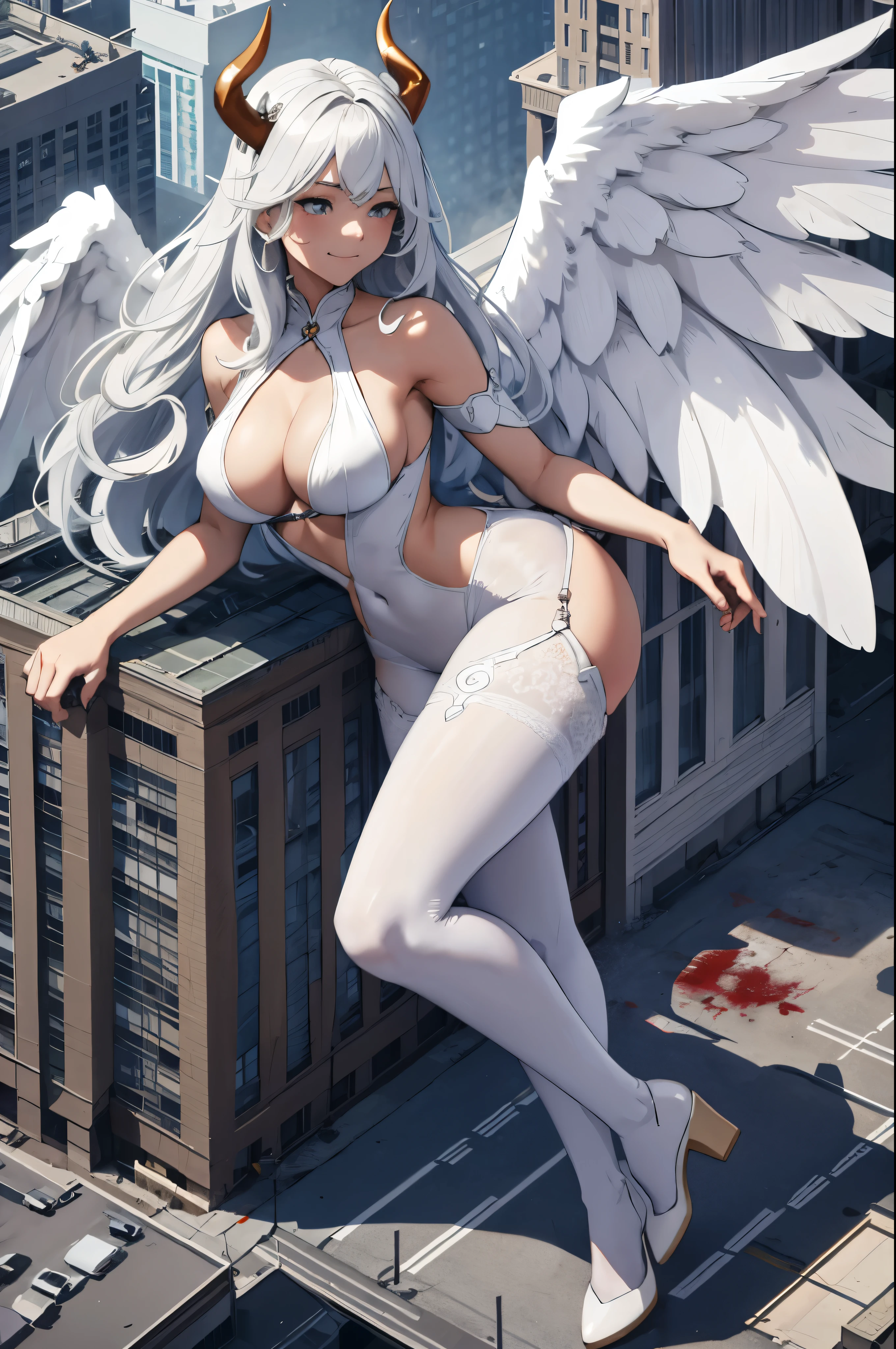 Aerial View，giant girl 50,000 feet high，Have a pair of long legs，Has a pair of huge angel wings，With huge devil horns on his head，Has waist-length white hair，loose hair，Wearing a pair of Mary Jane heels，white curly hair，lace gloves，lace pantyhose，蕾丝whole body，Standing upright on a tall building，城市到处是blood stains，Beautiful appearance，Exquisite makeup，quality，8k，高quality，(governor:1.5)，Perfect proportion, Cinema lighting，film grain，Fuji colors，8k，textured skin，Super details，high detail，high resolution，explode，fake smile，blood stains，脚底有blood stains，whole body，Obese