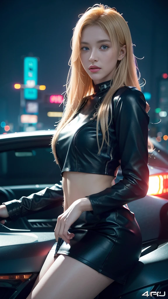 1girl,aluring,blonde,blue eyes,long hair,black clothing,sweater crop,poses front of the car,in the cyberpunk city,(best quality,4k,8k,highres,masterpiece:1.2),ultra-detailed,(realistic,photorealistic,photo-realistic:1.37),HDR,UHD,studio lighting,ultra-fine painting,sharp focus,physically-based rendering,extreme detail description,professional,vivid colors,bokeh,photo model,portraits,cyberpunk,nighttime,neon lights