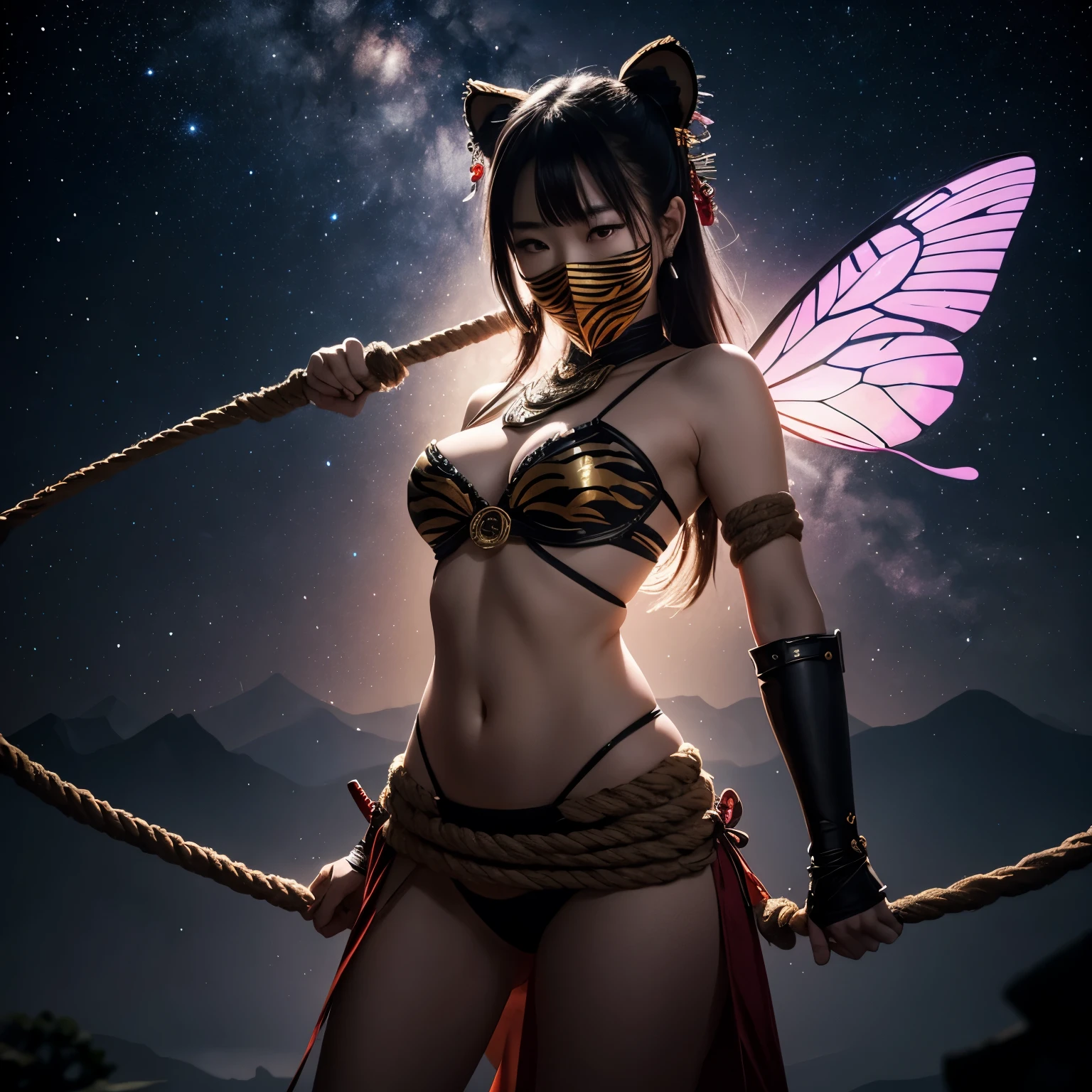 Silhouette of a sexy samurai woman with rope wrapped all over her body to her mouth.... Wear a beautifully detailed metal tiger butterfly mask....... ,There are colorful butterflies...... Surrounded by many sizes.. Black and white 8K. A dreamy starry night. meteor light.. beautiful fantasy art, Precision work, Clear shape, Curves of the body(hip) Make a beautiful sword swinging gesture...., ยกขาแอ่นhip ของคุณ,