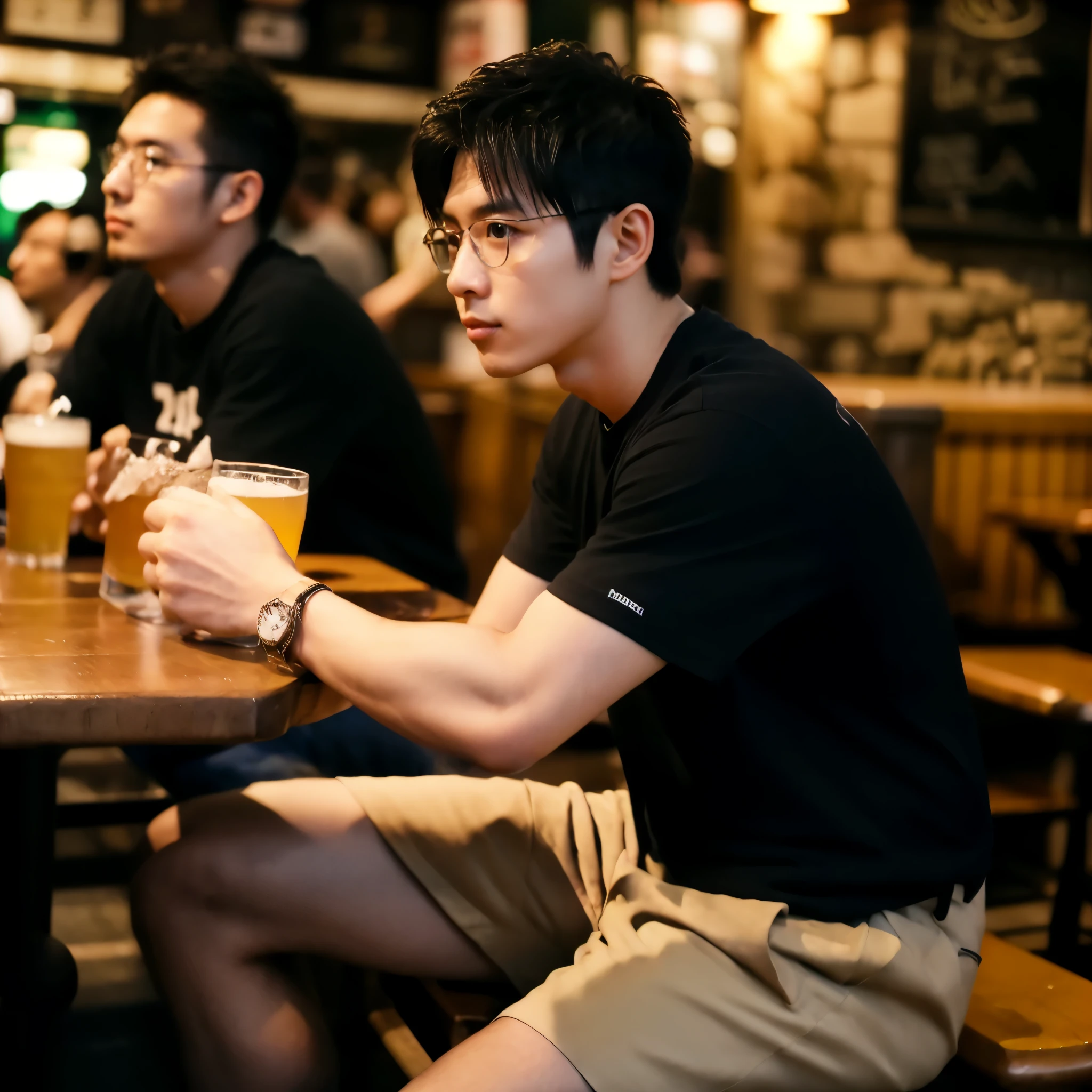 black rimmed glasses, Momo Lee Matsuzaka, Wide shot, drinking beer at a pub, sitting, from side, whole body, hairy legs, muscular and toned legs, two block, long legs, Japan male, 27 years old, Thin beard, wearing shorts, wearing a t-shirt, very short hair, black hair