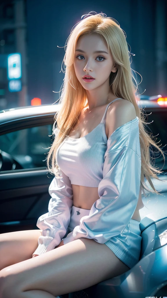 1girl,aluring,blonde,blue eyes,long hair,white clothing,sweater crop,poses front of the car,in the cyberpunk city,(best quality,4k,8k,highres,masterpiece:1.2),ultra-detailed,(realistic,photorealistic,photo-realistic:1.37),HDR,UHD,studio lighting,ultra-fine painting,sharp focus,physically-based rendering,extreme detail description,professional,vivid colors,bokeh,photo model,portraits,cyberpunk,nighttime,neon lights