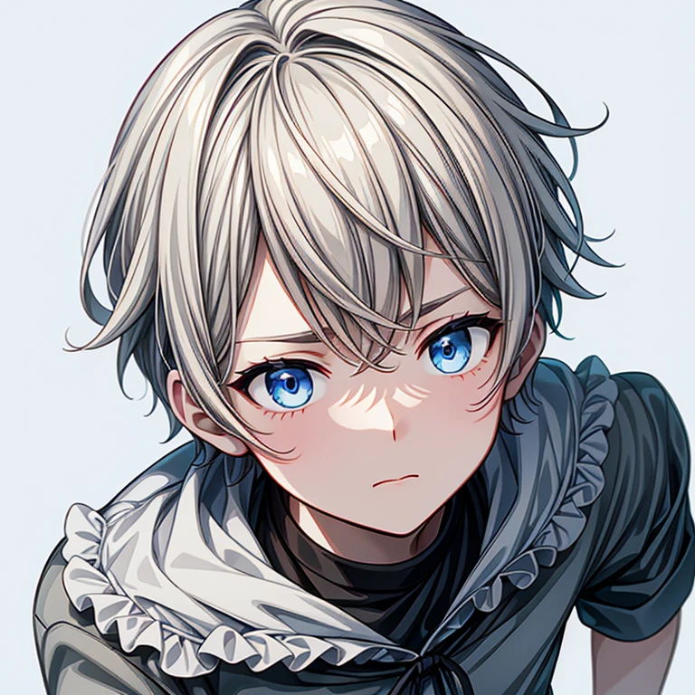 male child,His anime illustration face in soft color palette style、animated gif、Hand-drawn animation、charming sketches、Smooth and shiny background - AR 1:1 - Rainbow 5 - Expressive in style - S 50(Best Quality, masutepiece, Raw photo,Ultra-detailed:1.2),White hair,Blue eyes,Top image quality,8k,The head is near the center of the screen,frontage,from the front side,1 boy,Wide Angle,Short hair,Blank white background,Kamimei,View from above, with a pure white background, whole body