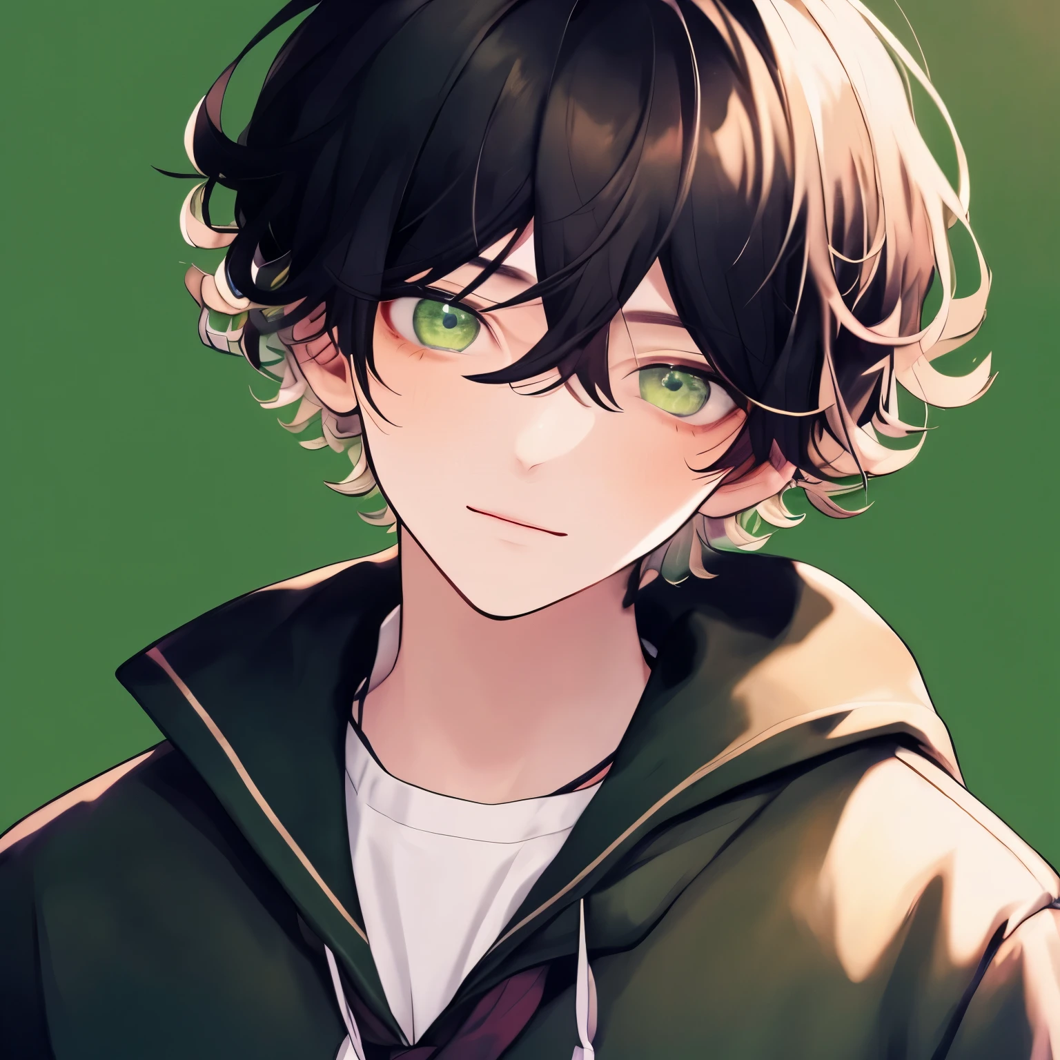 Green eyes, monolid eyes, Short hair, Black hair, Fringe curly haircut, white skin tone, japanese, using school uniform for a senior boy, in the school, normal face, bright color.