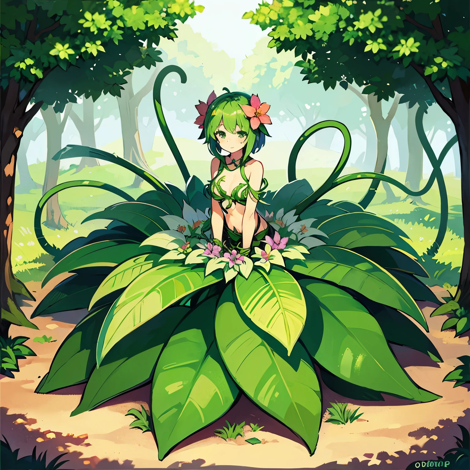 1girl, alraune, flower, vines, full body, outdoors, no legs,