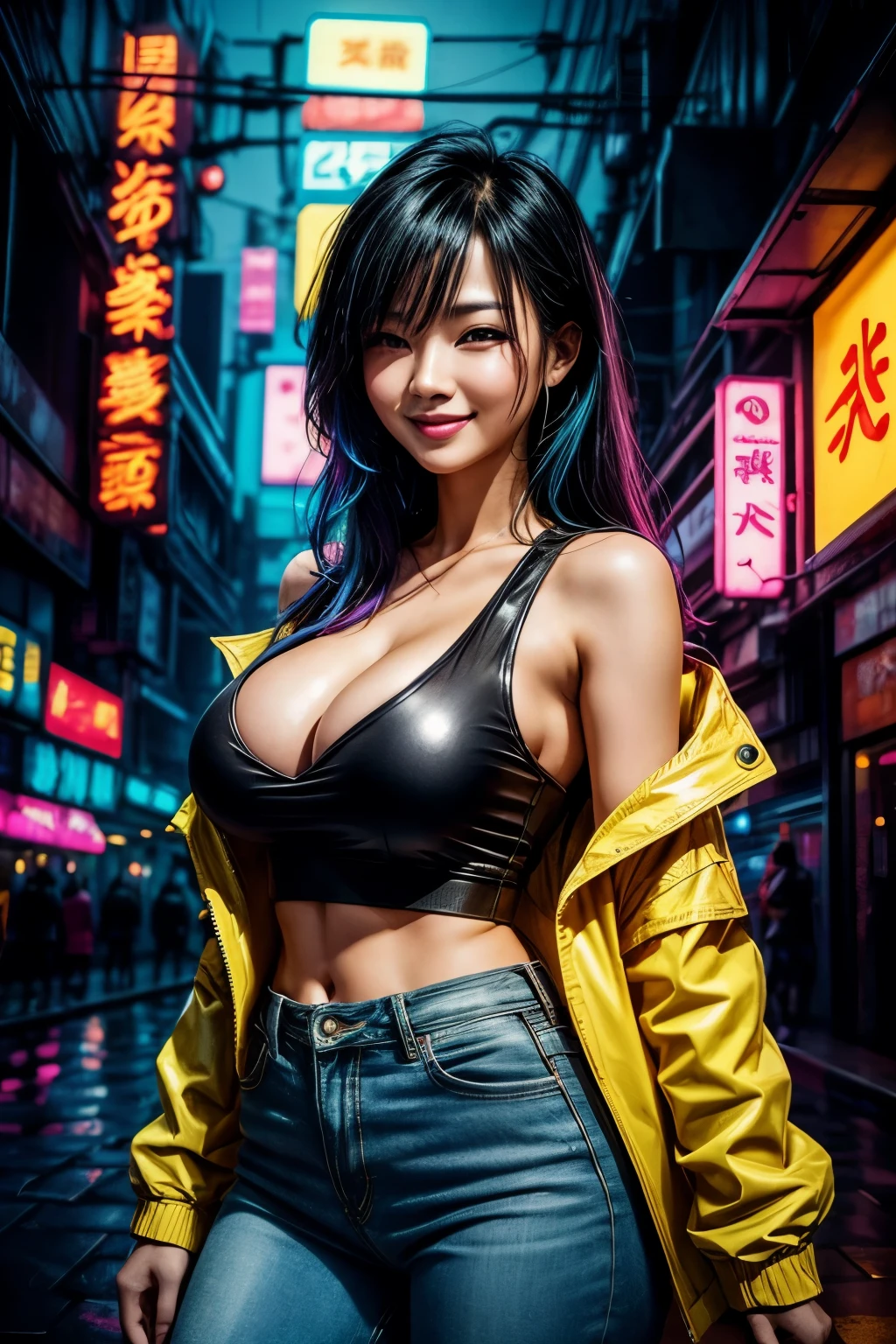 sexy asian woman in a cyberpunk city, raining, vibrant neon lights, cyberpunk style, colored, wearing oversized yellow jacket, cute smile, tight black jeans, black tank top, big cleavage
