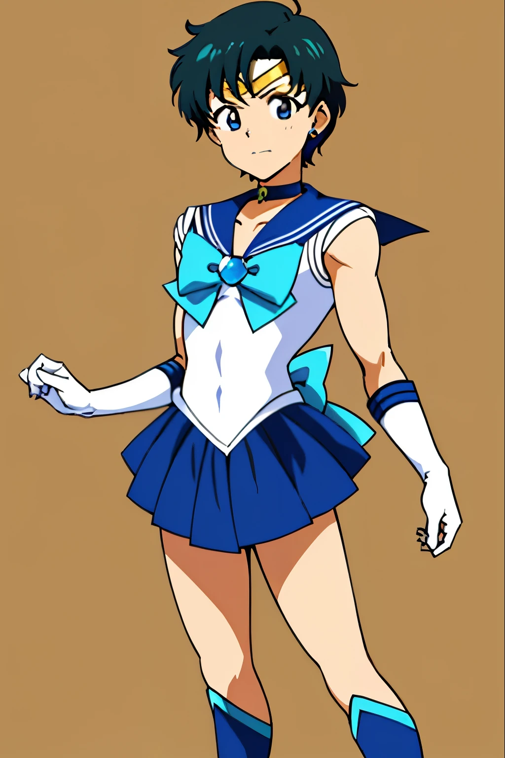 Top Quality Anime Art、masterpiece、high definition anime art、アニメstyle4K、High resolution、anime boy、handsome boy、Junior high school boys、solo、rating:safe、blue choker、Sailor Senshi Uniform、earrings、jewelry、Blue-eyed boy、Strong muscles、white gloves、elbow bag、Very short blue-haired boy、blue sailor collar、Sky blue bow tie、skirt、blue skirt、Blue knee boots、bow、Magical Boy、white leotard、high leg leotard、white dress、Muscular and strong、Blue Heeled Boots、staring at、mini skirt、pleated skirt、Boy standing、circlet、blue_bow、sky blue_bow、white_bow、brown background、green background、Hymn of the King as a Prince、classic boy、collarbone、strong abdominal muscles、muscular man、mouth closed、Bare shoulders、bare legs、(1990s\(style\):0.9)、