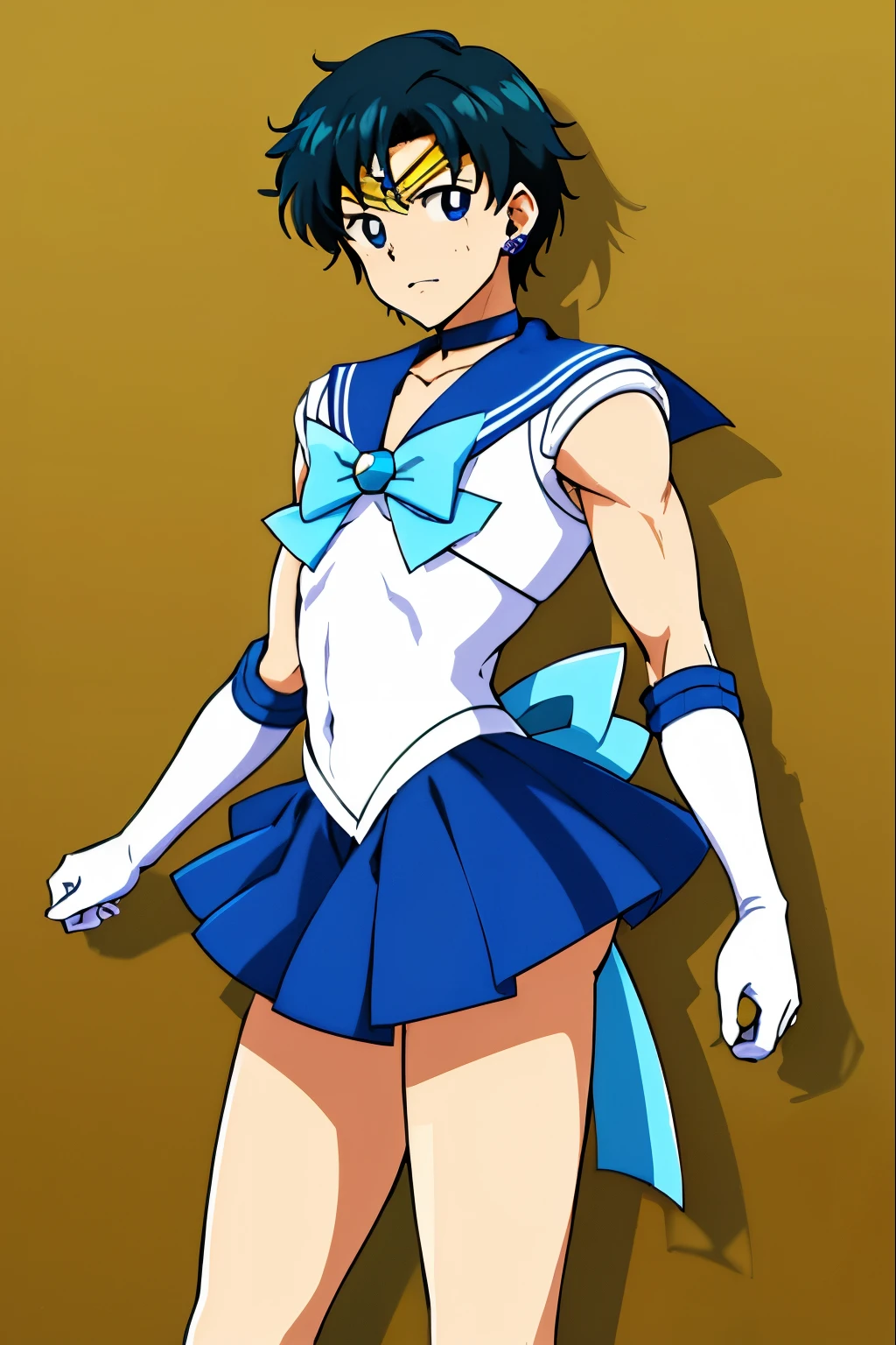 Top Quality Anime Art、masterpiece、high definition anime art、アニメstyle4K、High resolution、anime boy、handsome boy、Junior high school boys、solo、rating:safe、blue choker、Sailor Senshi Uniform、earrings、jewelry、Blue-eyed boy、Strong muscles、white gloves、elbow bag、Very short blue-haired boy、blue sailor collar、Sky blue bow tie、skirt、blue skirt、Blue knee boots、bow、Magical Boy、white leotard、high leg leotard、white dress、Muscular and strong、Blue Heeled Boots、staring at、mini skirt、pleated skirt、Boy standing、circlet、blue_bow、sky blue_bow、white_bow、brown background、green background、Hymn of the King as a Prince、classic boy、collarbone、strong abdominal muscles、muscular man、mouth closed、Bare shoulders、bare legs、(1990s\(style\):0.9)、
