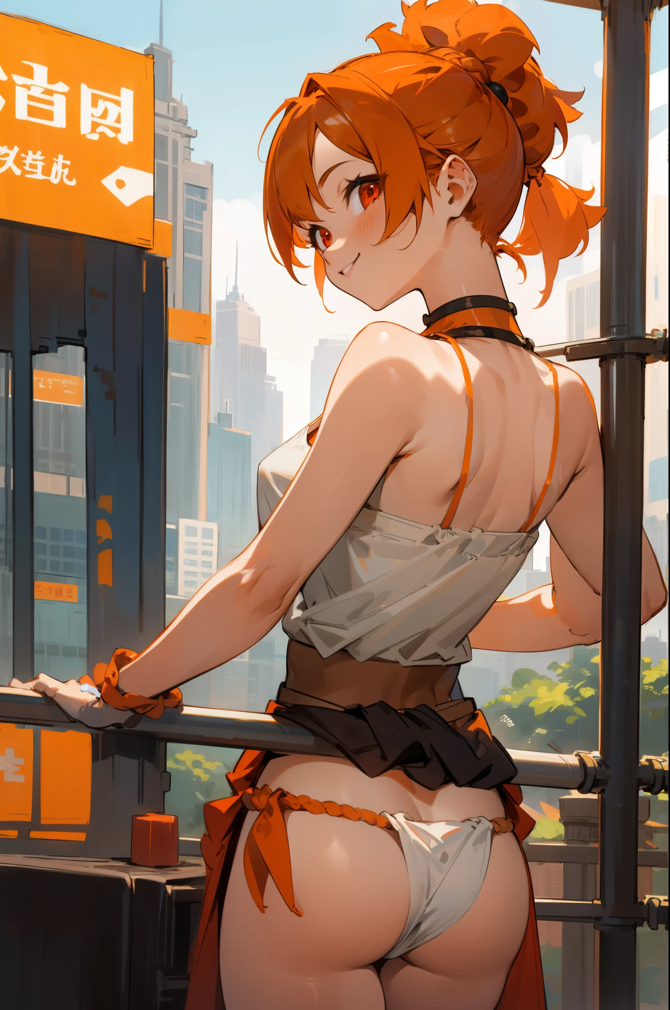 City、masterpiece、highest quality、1 girl、from behind、orange hair、ponytail、round red eyes、short hair、camisole、loincloth、smile